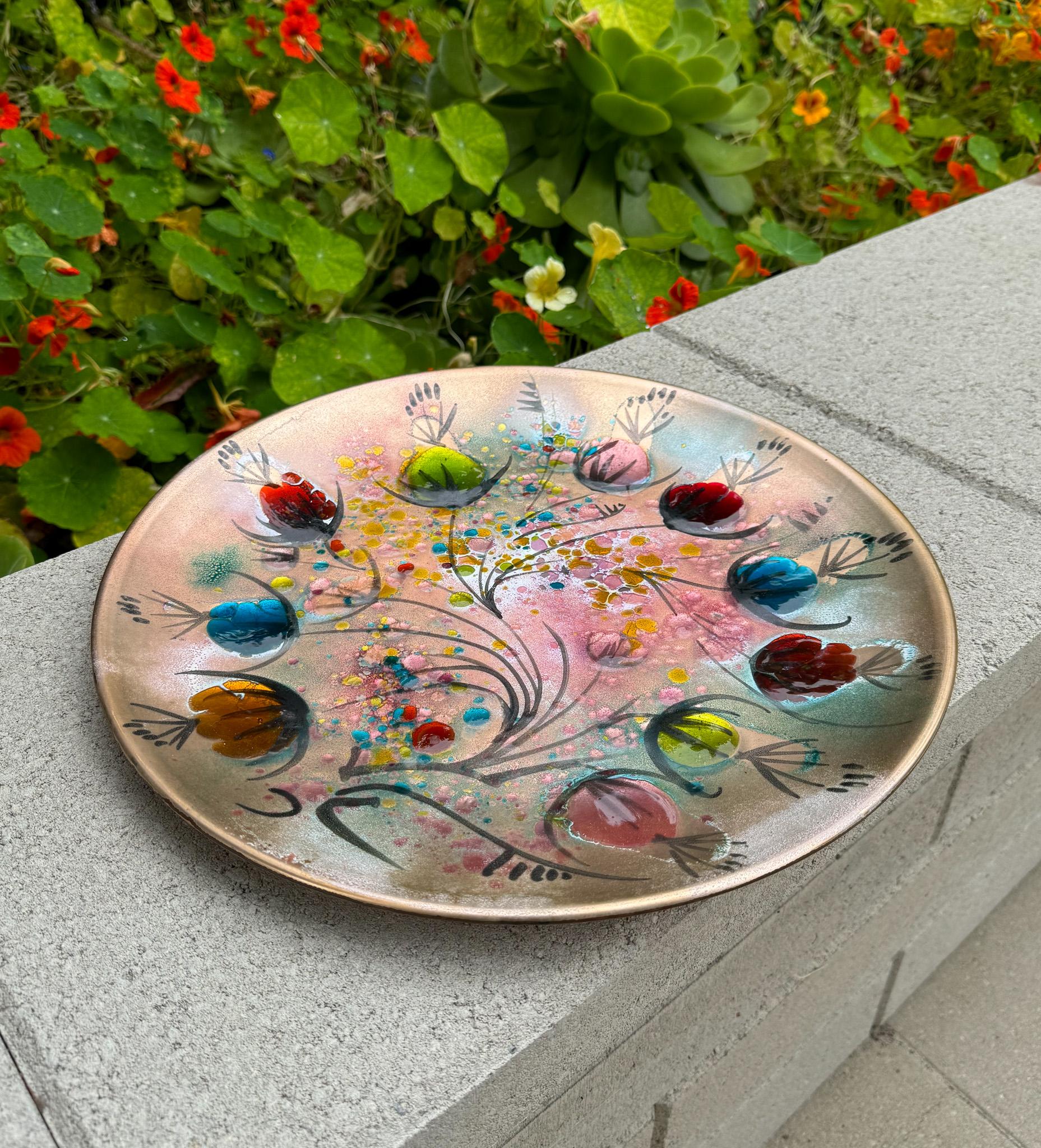 California Cloisonné Large Enamel on Copper Charger by Landau & Associates, 50's 9