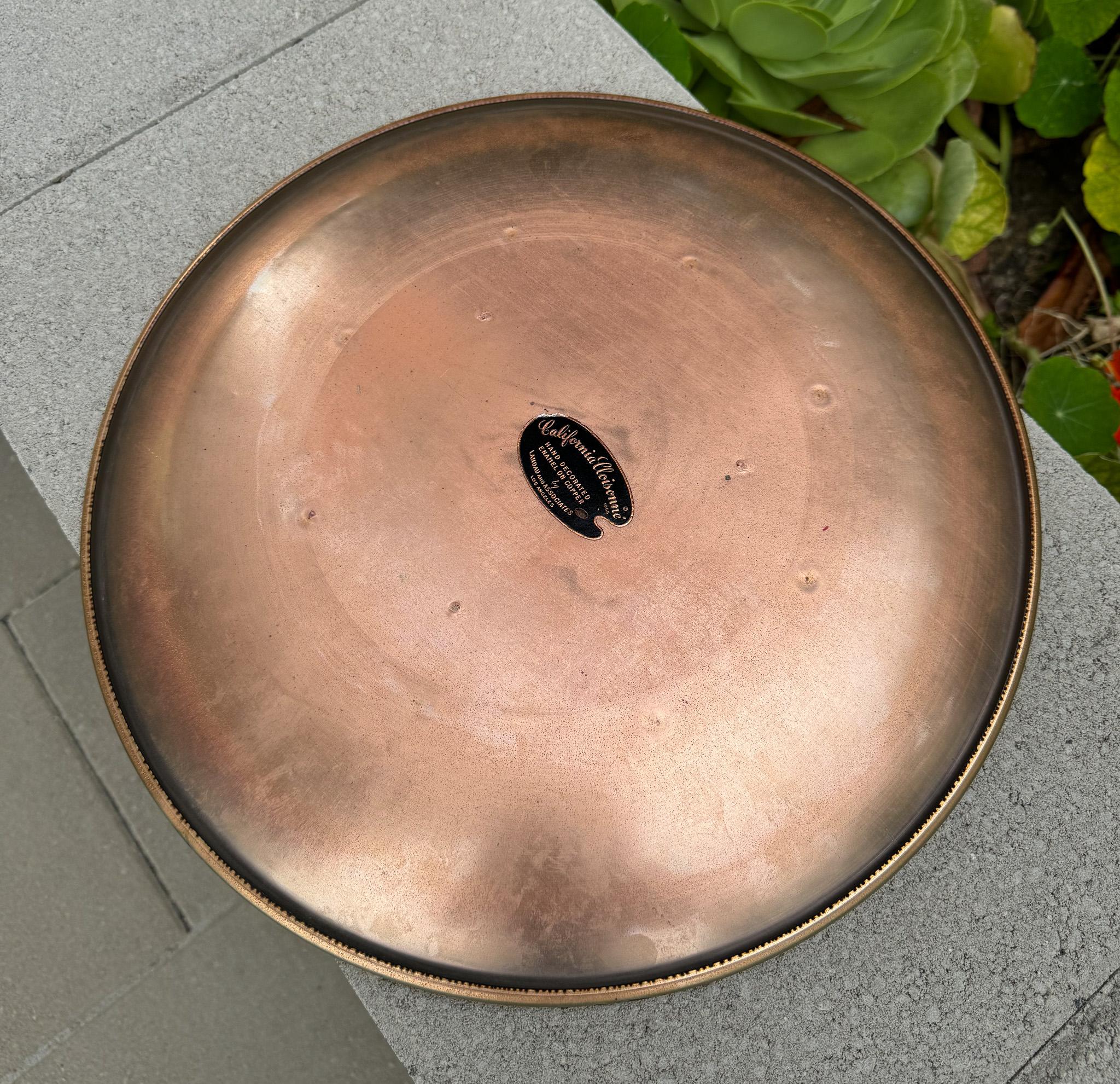 California Cloisonné Large Enamel on Copper Charger by Landau & Associates, 50's 10
