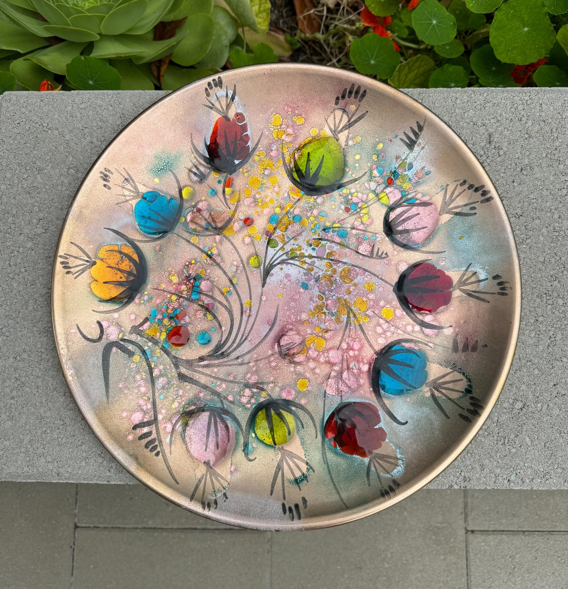 California Cloisonné Large Hand Decorated Enamel on Copper Charger by Landau & Associates, 50's.  This piece is in very good original condition.  