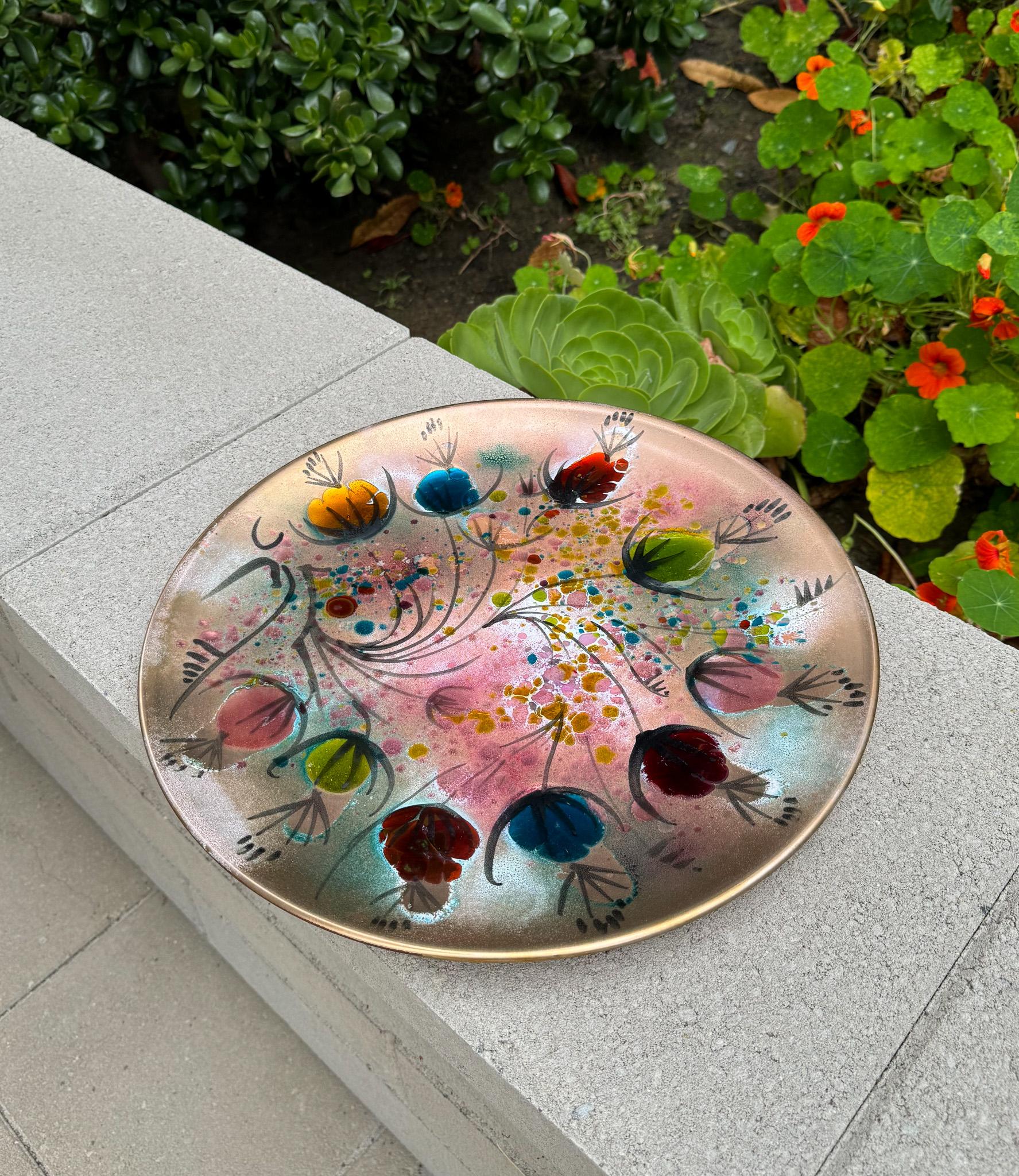 California Cloisonné Large Enamel on Copper Charger by Landau & Associates, 50's In Good Condition In San Juan Capistrano, CA
