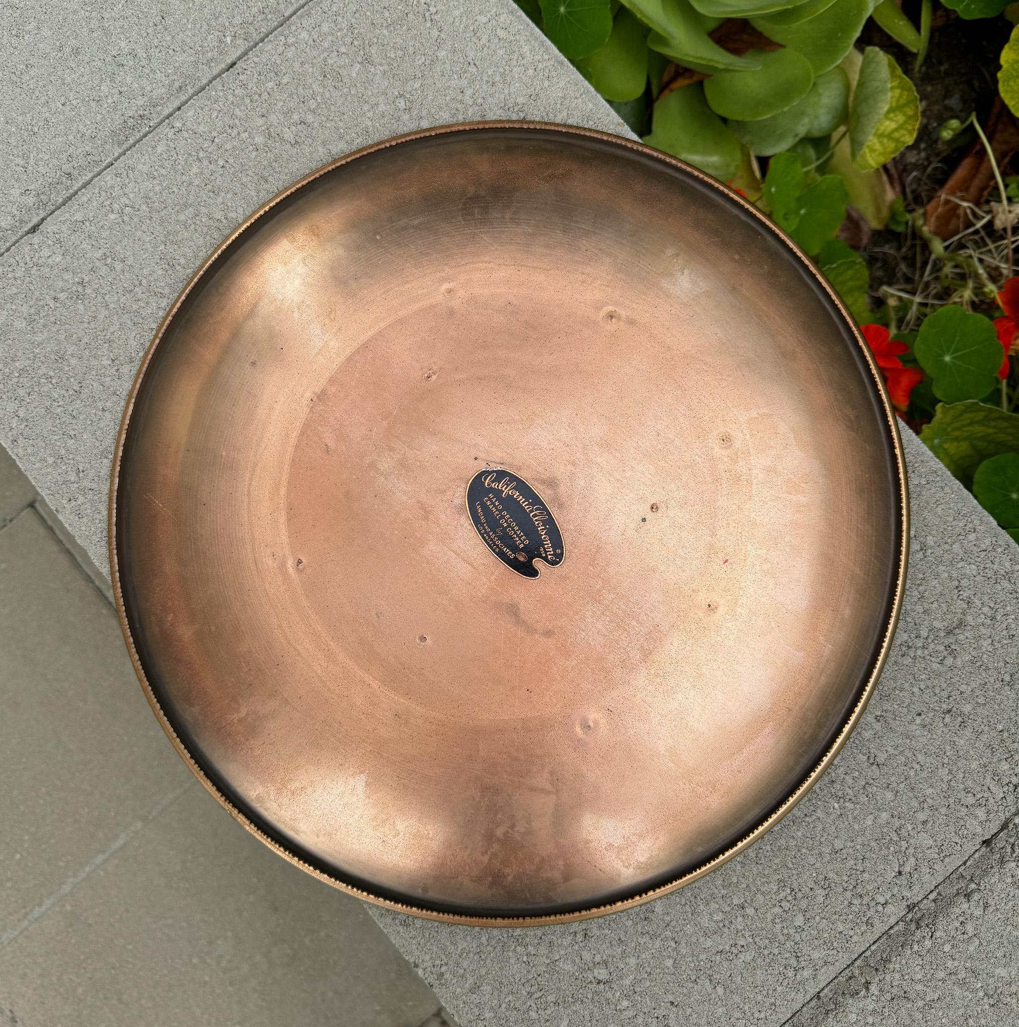 California Cloisonné Large Enamel on Copper Charger by Landau & Associates, 50's 1