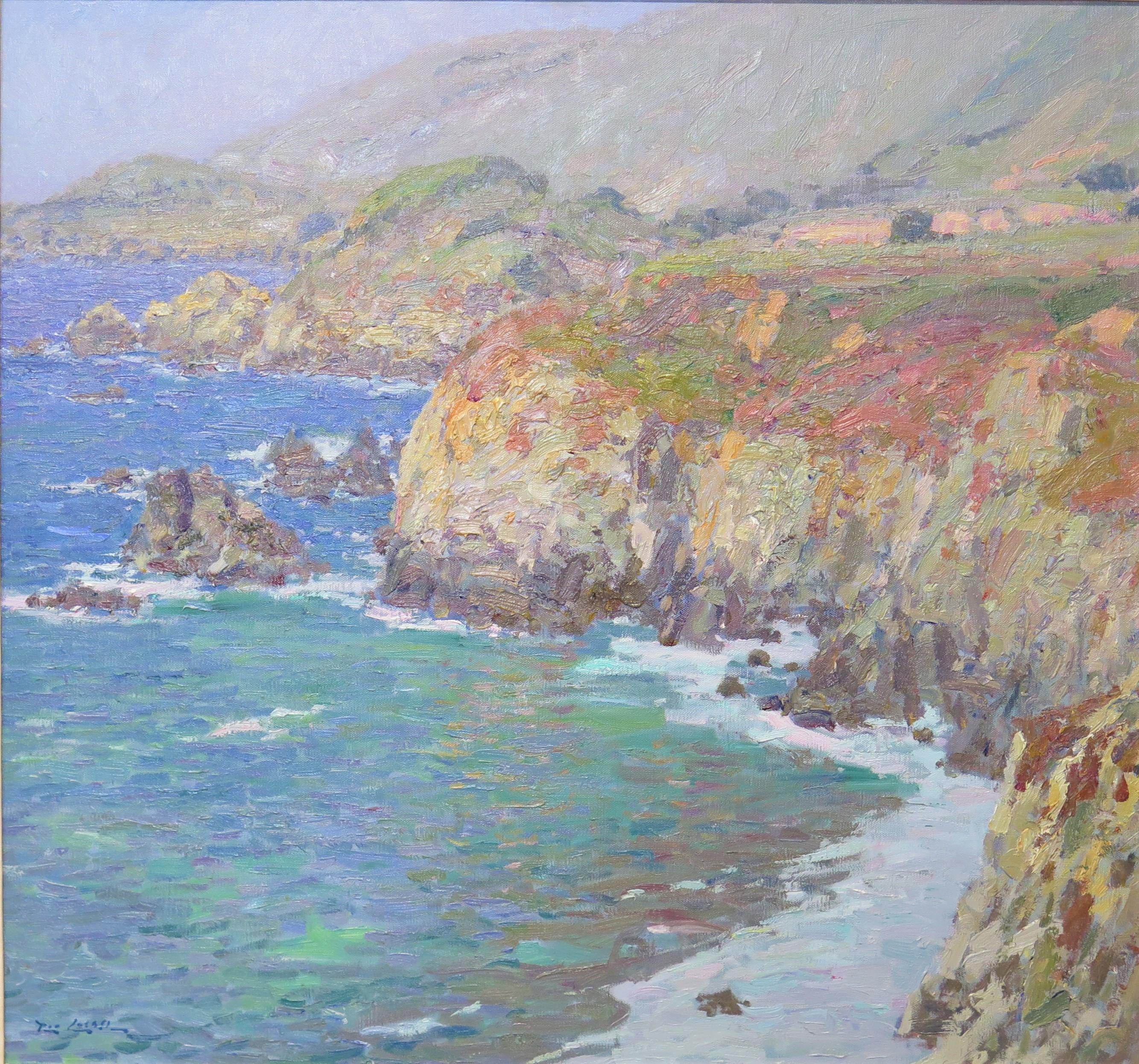 SPRING LIGHT, American West / California rocky Pacific coast oil on canvas landscape picture by American painter / artist Rod Goebel (1946-1993) impressionist style, signed front lower left, United States, 20th century

Two gallery labels verso     