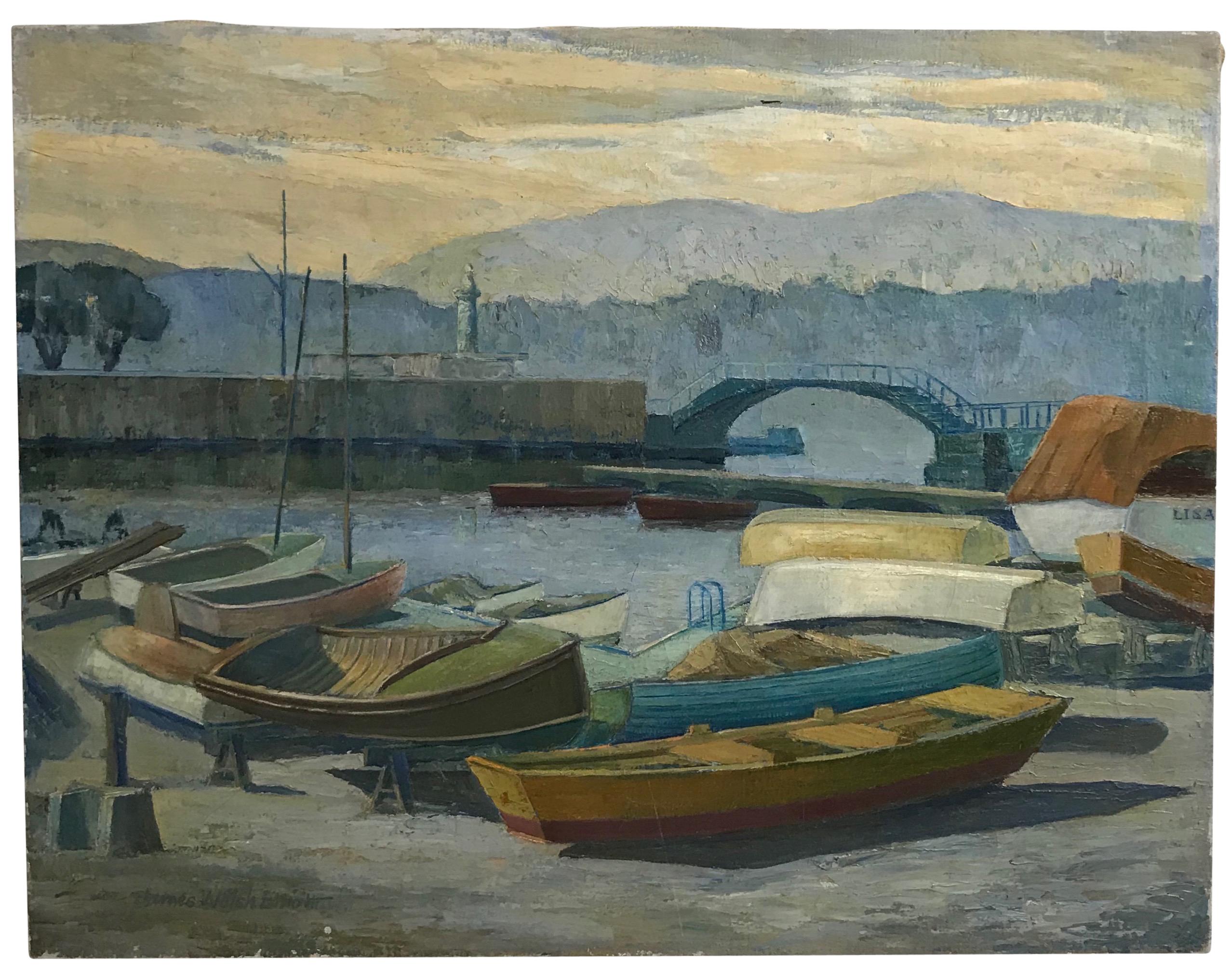 Beautifully painted California landscape of beached rowboats by James Welsh Elliott (b.1904-d.1977).
Oil on canvas, unframed. Signed lower left, and on back stretcher.
Born in Stockton, CA on March 7, 1904. Elliott was educated at the University