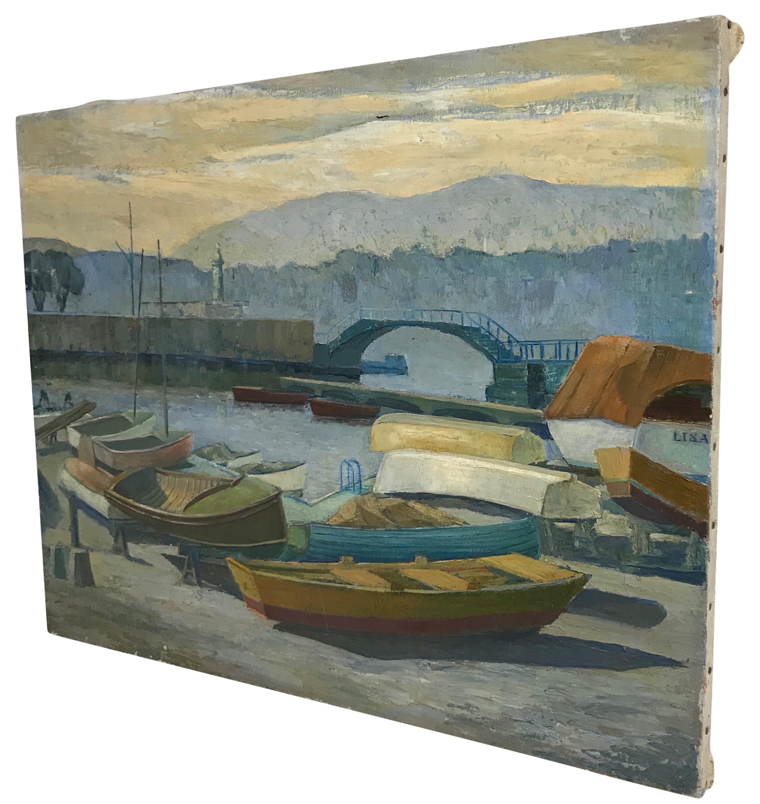 American California Coastal Landscape Painting of Rowboats by James Welsh Elliott
