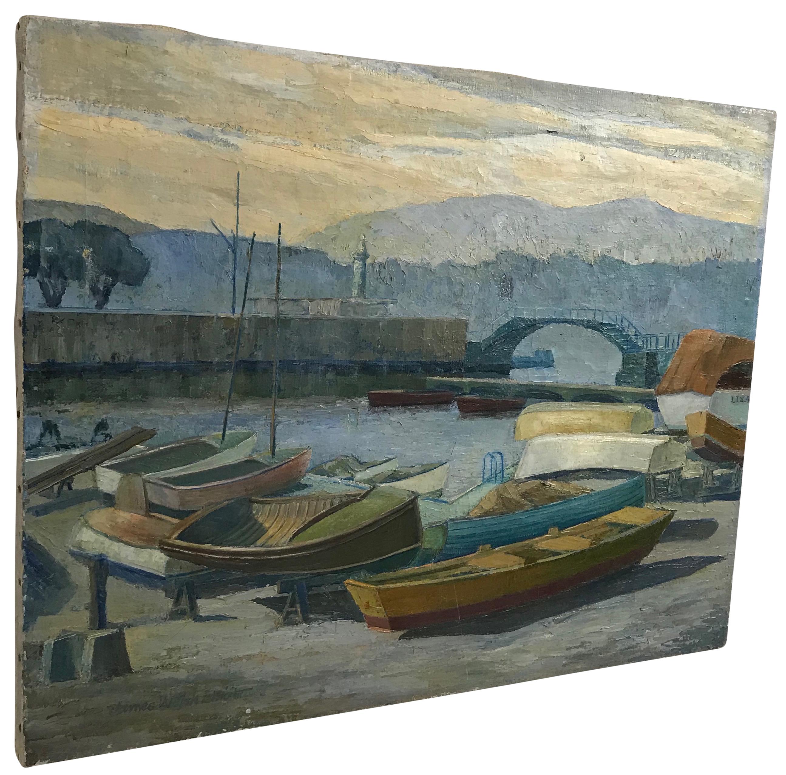 Hand-Painted California Coastal Landscape Painting of Rowboats by James Welsh Elliott