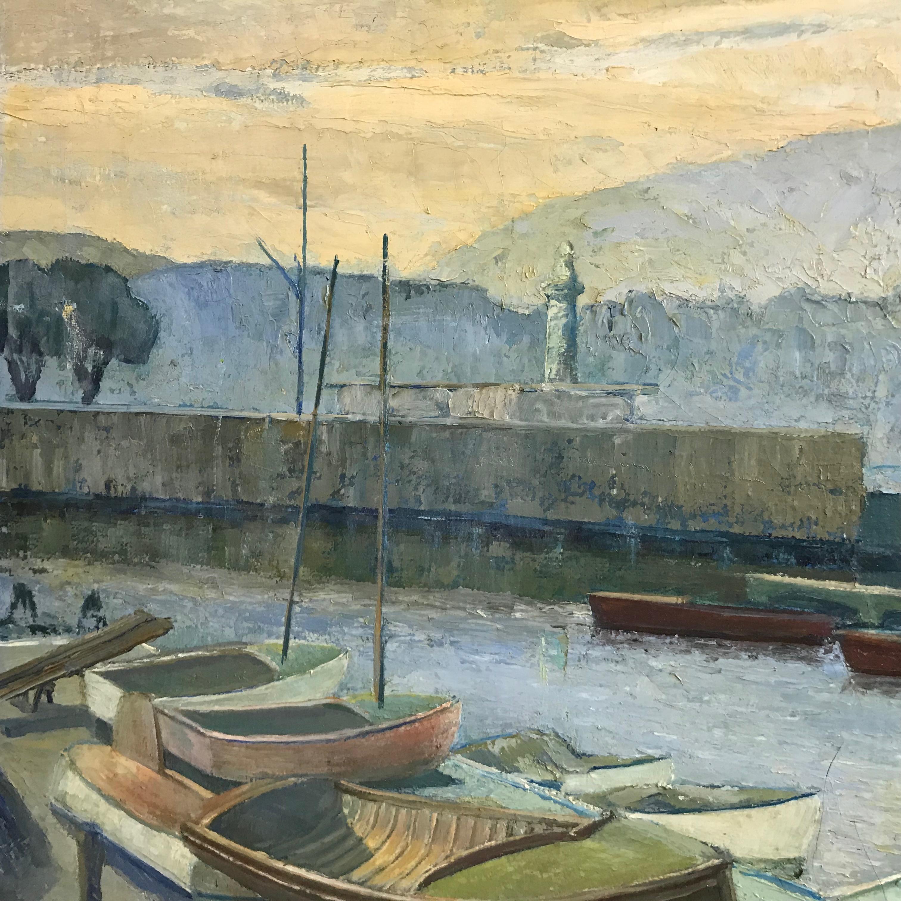 20th Century California Coastal Landscape Painting of Rowboats by James Welsh Elliott