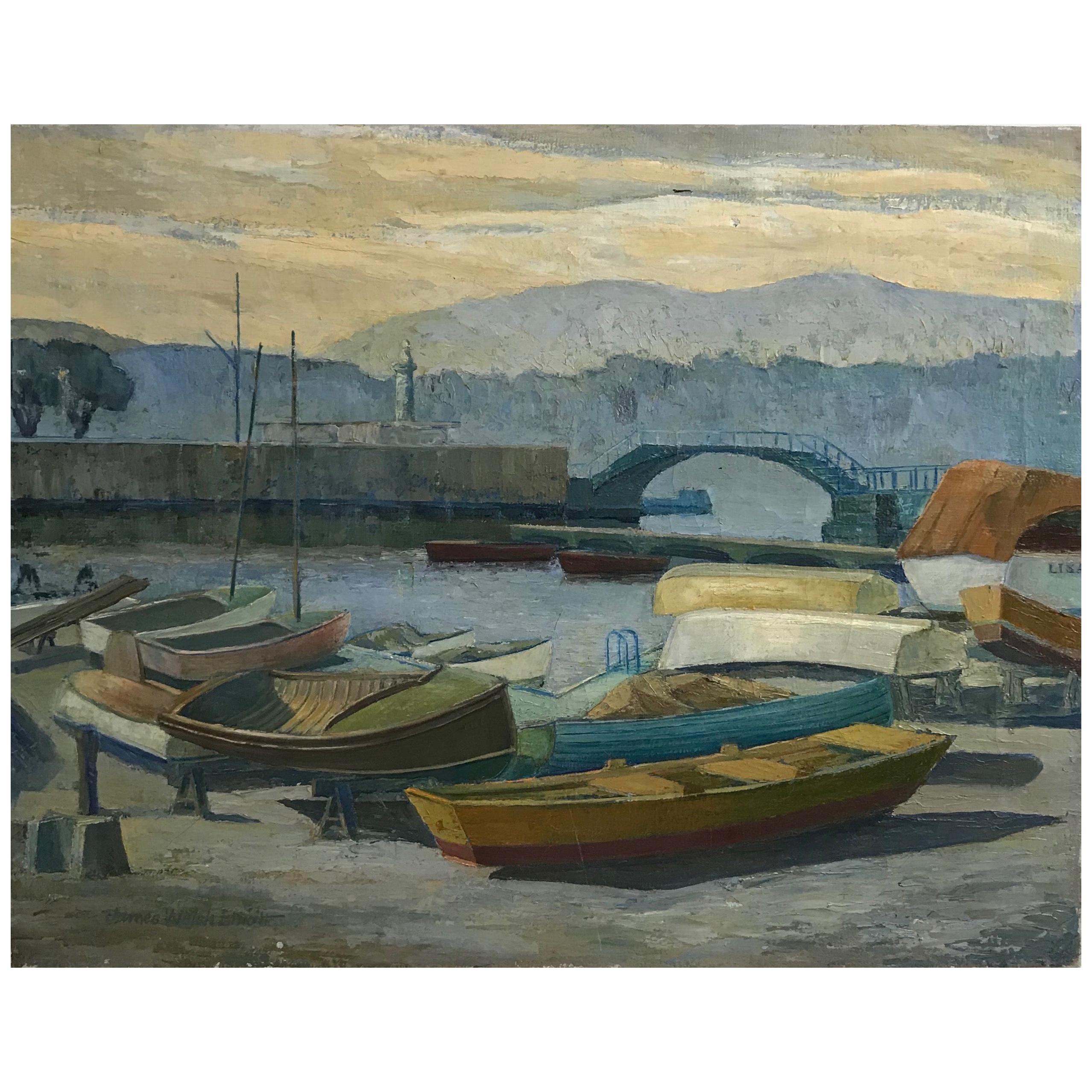 California Coastal Landscape Painting of Rowboats by James Welsh Elliott