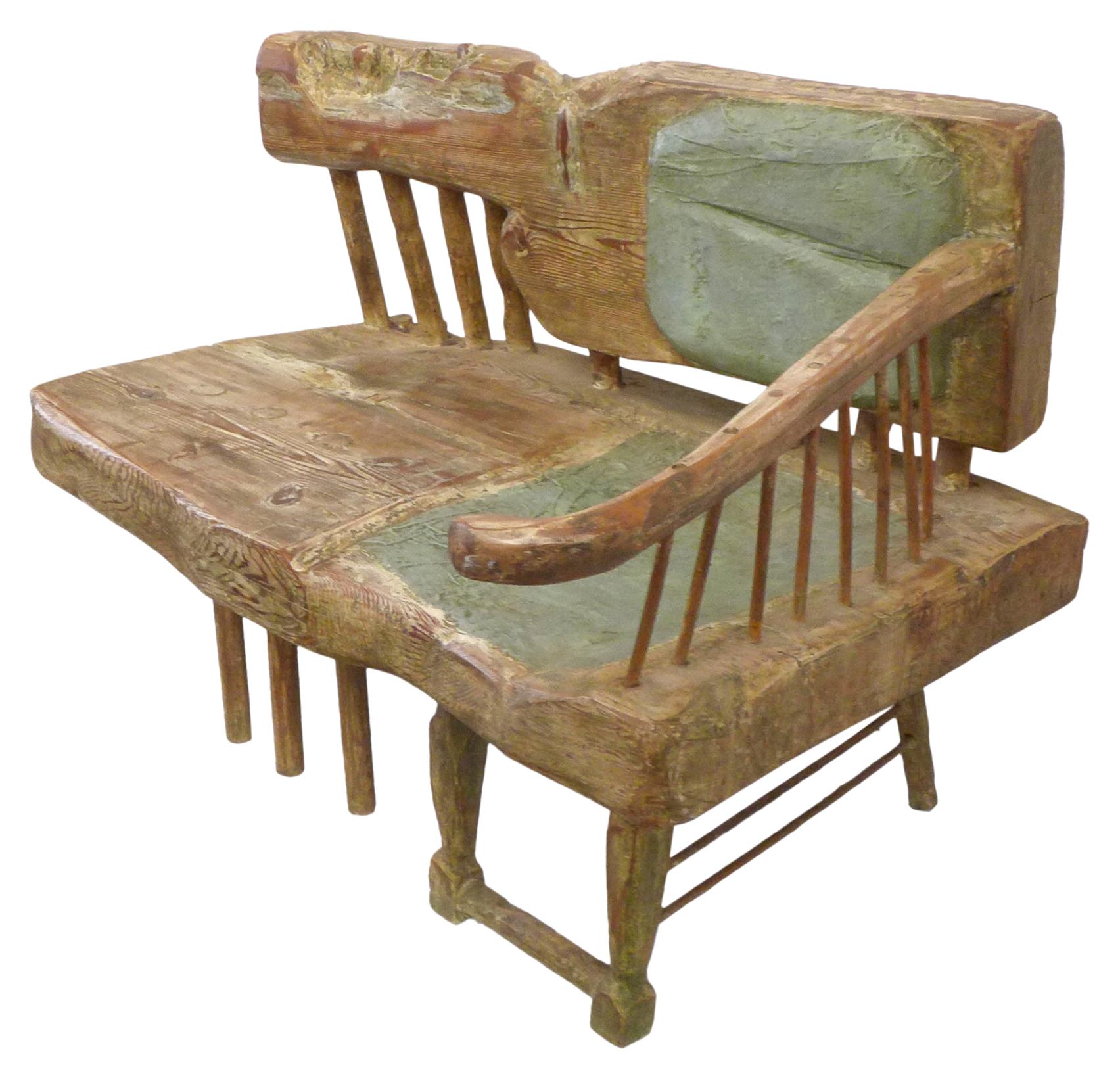 A wonderful and unique California craft, fantasy furniture wood settee. An incredible art-furniture concept; a creative assemblage of a mix of raw and sculpted wood fragments. A curious and alluring form in an unusually petite scale, great from all