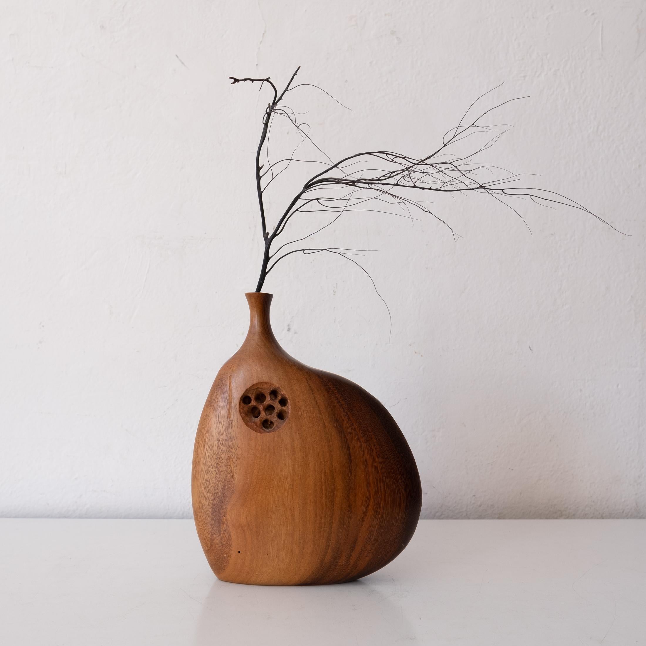 Handcrafted California modern asymmetrical vase by Mendocino artist Doug Ayers. It includes the original gallery price tag specifying the wood species. Goncalo Alves, also known as Tigerwood or South American Zebrawood originates on the East Coast