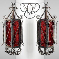 California Craftsman Iron Ornate Sconces Pendant Lamps with Ruby Red Glass, Pair