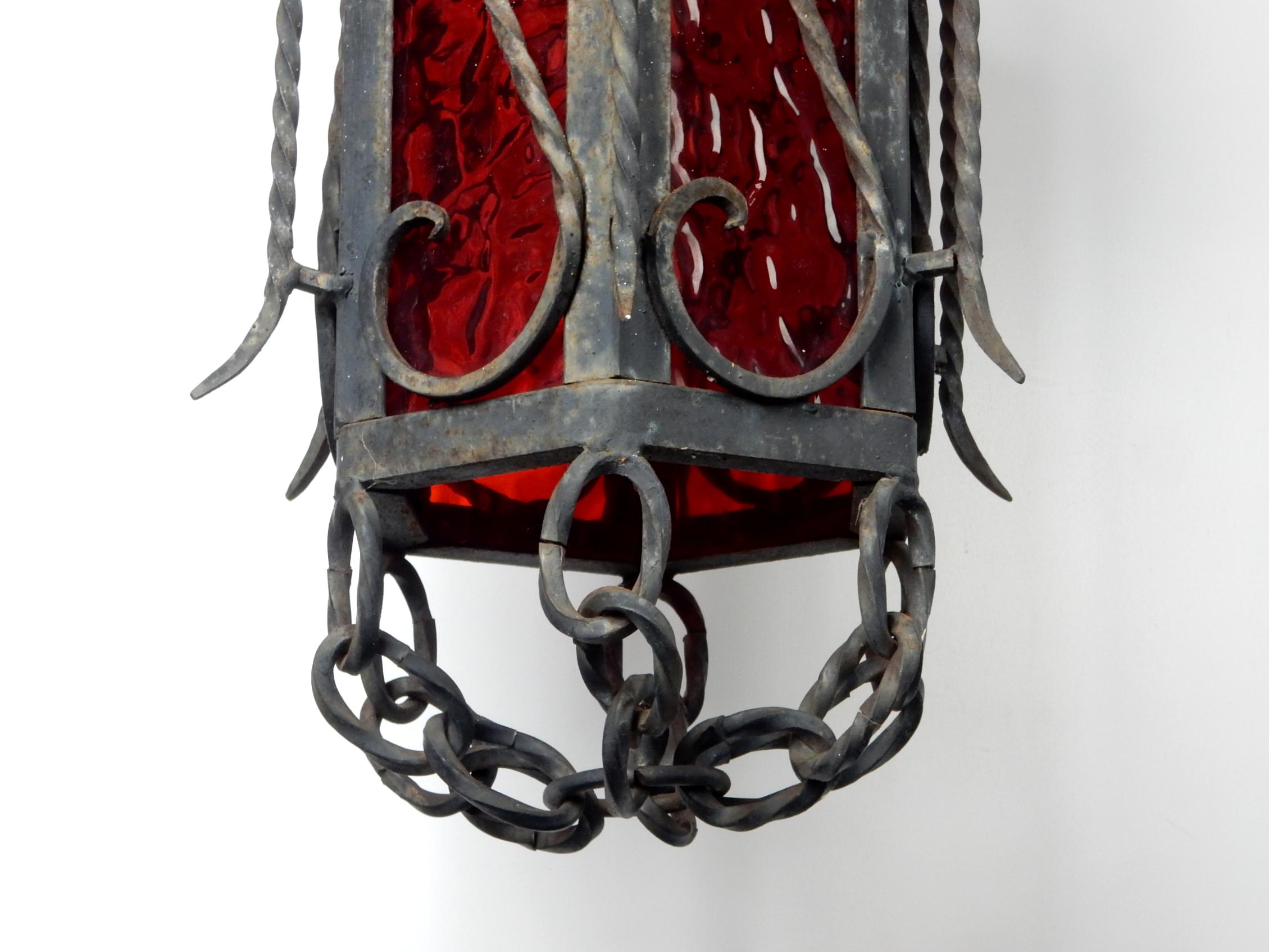 California Craftsman Iron Ornate Sconces Pendant Lamps with Ruby Red Glass, Pair In Fair Condition For Sale In Las Vegas, NV
