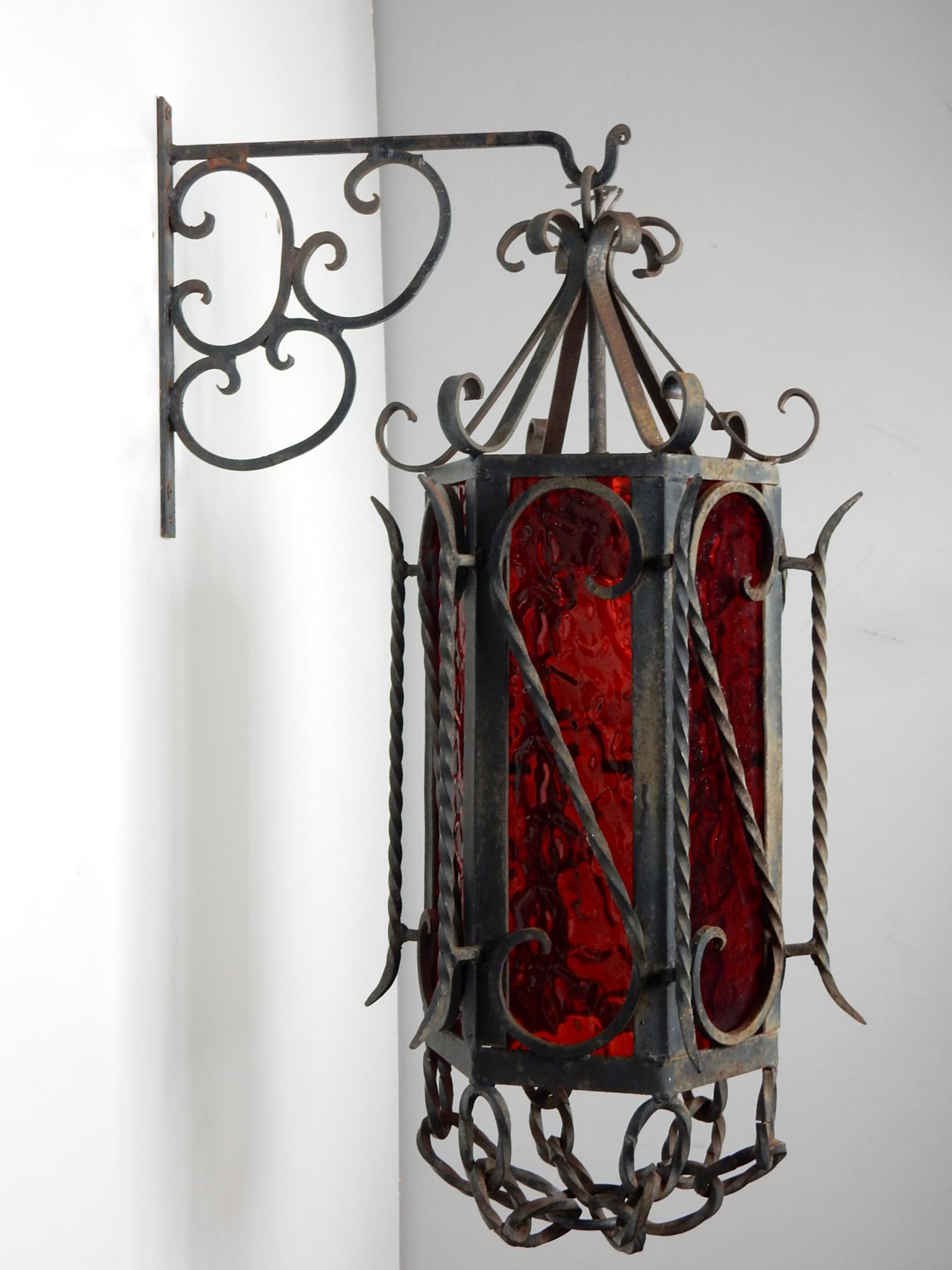 20th Century California Craftsman Iron Ornate Sconces Pendant Lamps with Ruby Red Glass, Pair For Sale