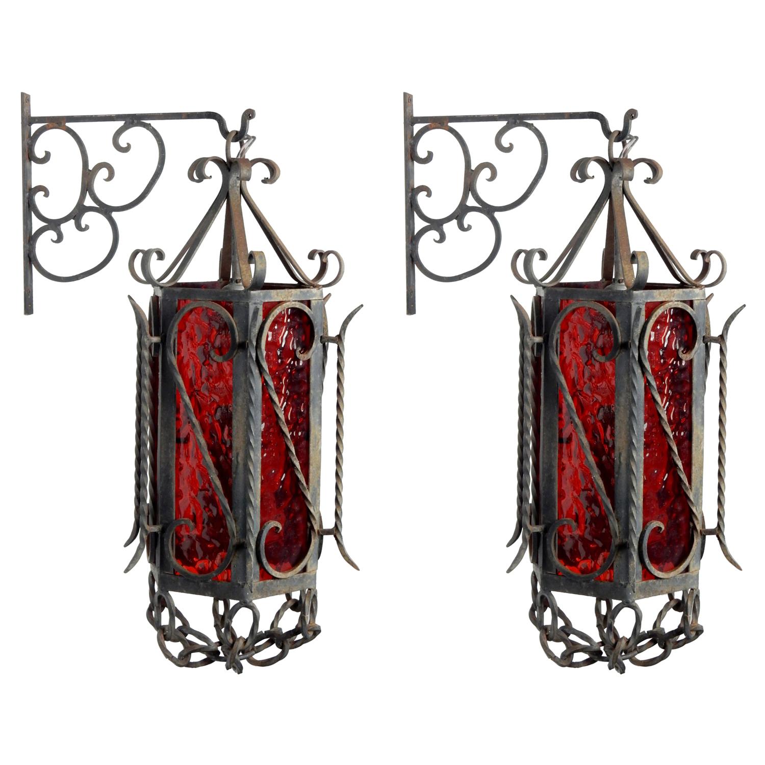 California Craftsman Iron Ornate Sconces Pendant Lamps with Ruby Red Glass, Pair For Sale