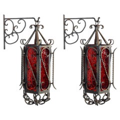 California Craftsman Iron Ornate Sconces Pendant Lamps with Ruby Red Glass, Pair