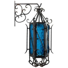 California Craftsman Iron Sconces or Pendant Lamps with Aqua Blue Glass, Pair