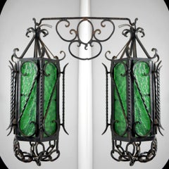Vintage Hacienda Iron Sconces or Pendant Lamps with Emerald Green Glass Pair