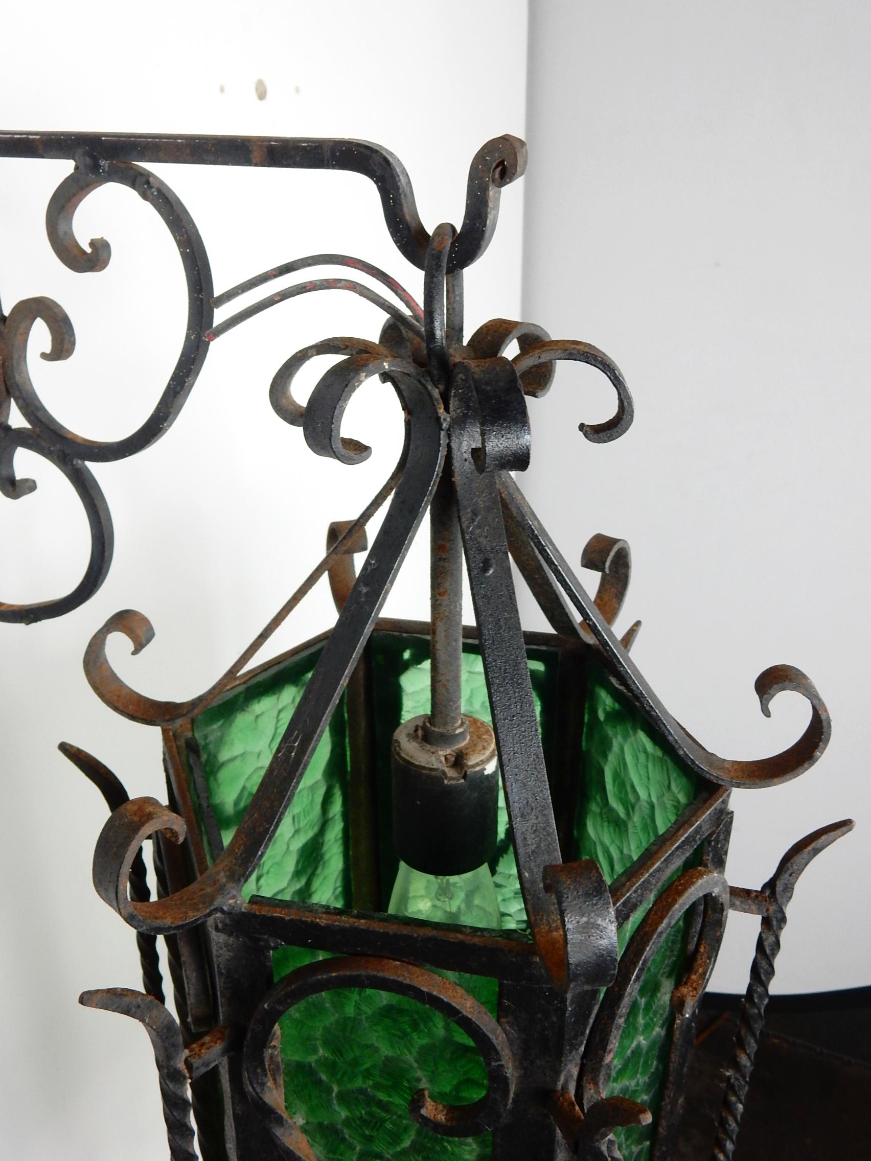 American Craftsman Vintage Hacienda Iron Sconces or Pendant Lamps with Emerald Green Glass Pair