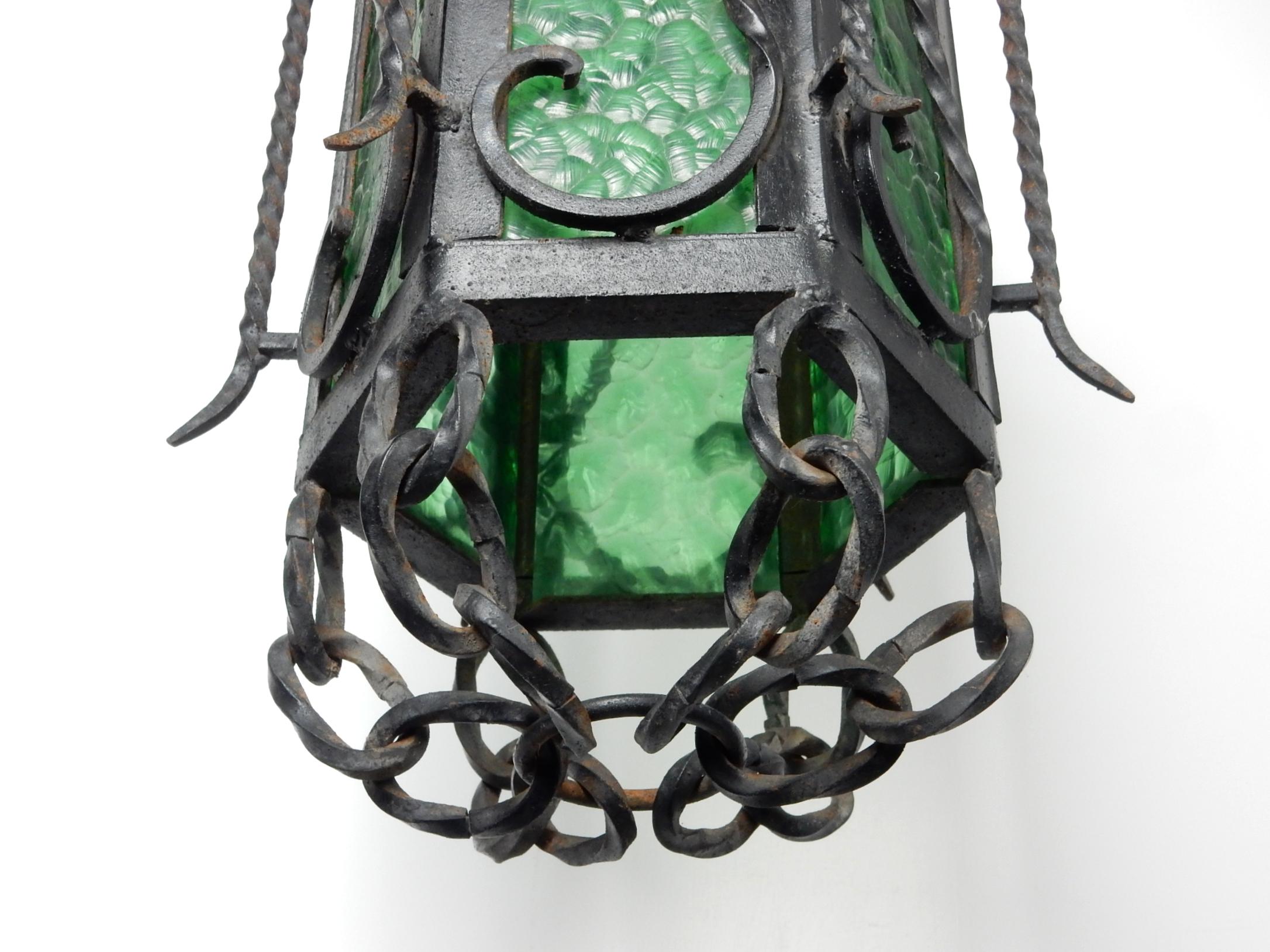 Vintage Hacienda Iron Sconces or Pendant Lamps with Emerald Green Glass Pair In Fair Condition In Las Vegas, NV