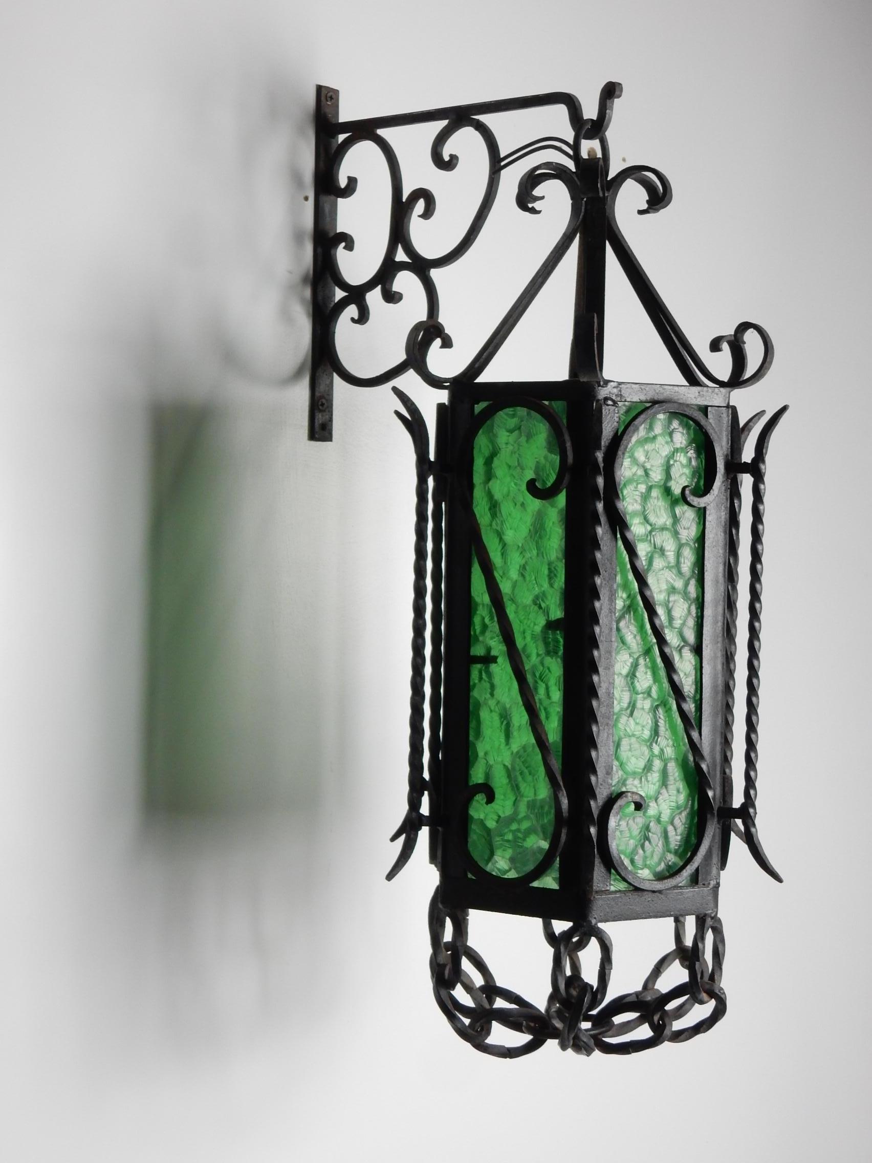 20th Century Vintage Hacienda Iron Sconces or Pendant Lamps with Emerald Green Glass Pair
