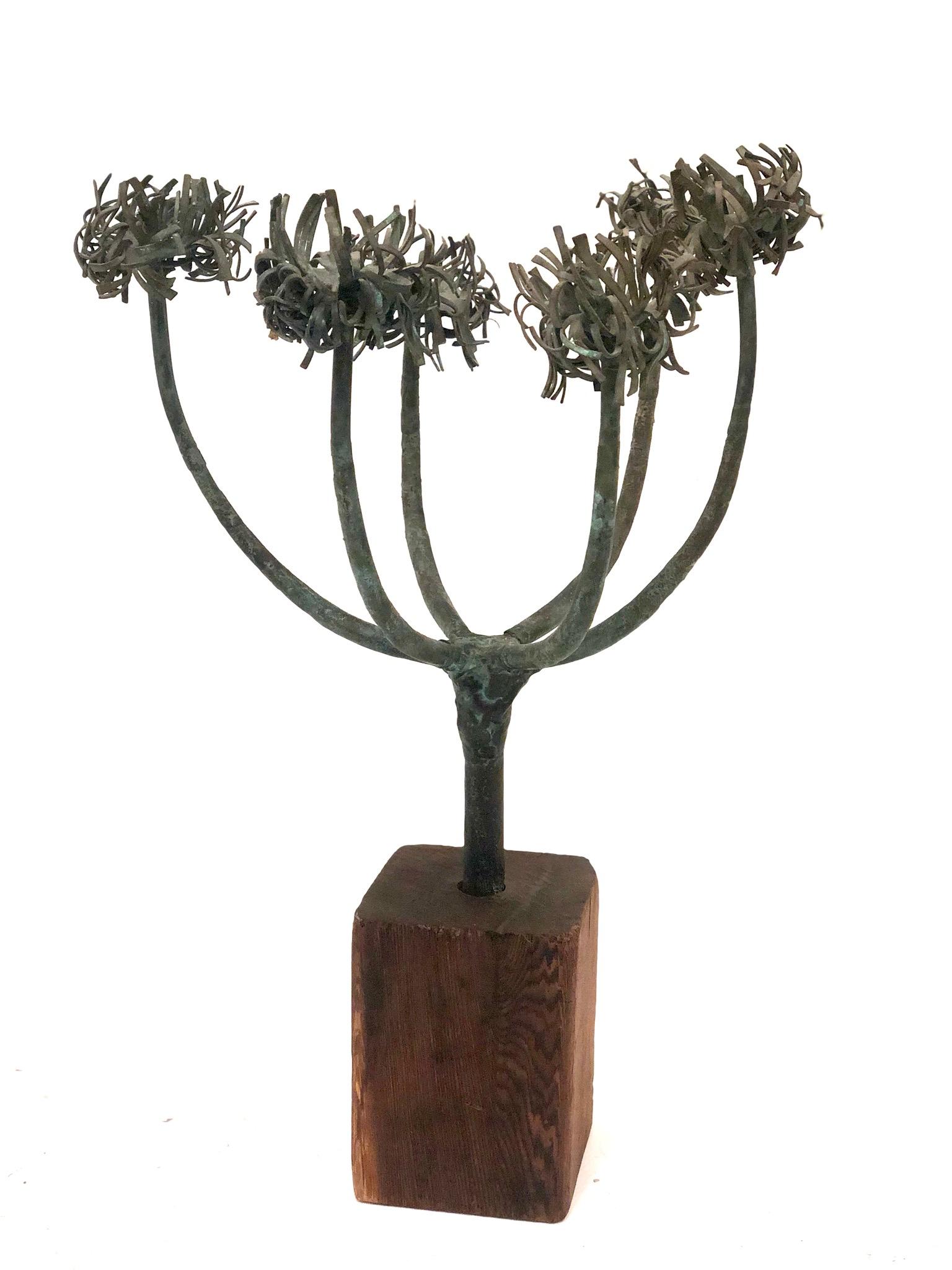 Brutalist candelabra designed and made by San Diego artist Robert Trout, California design from the 1960s , sitting on square solid wood patinated base.