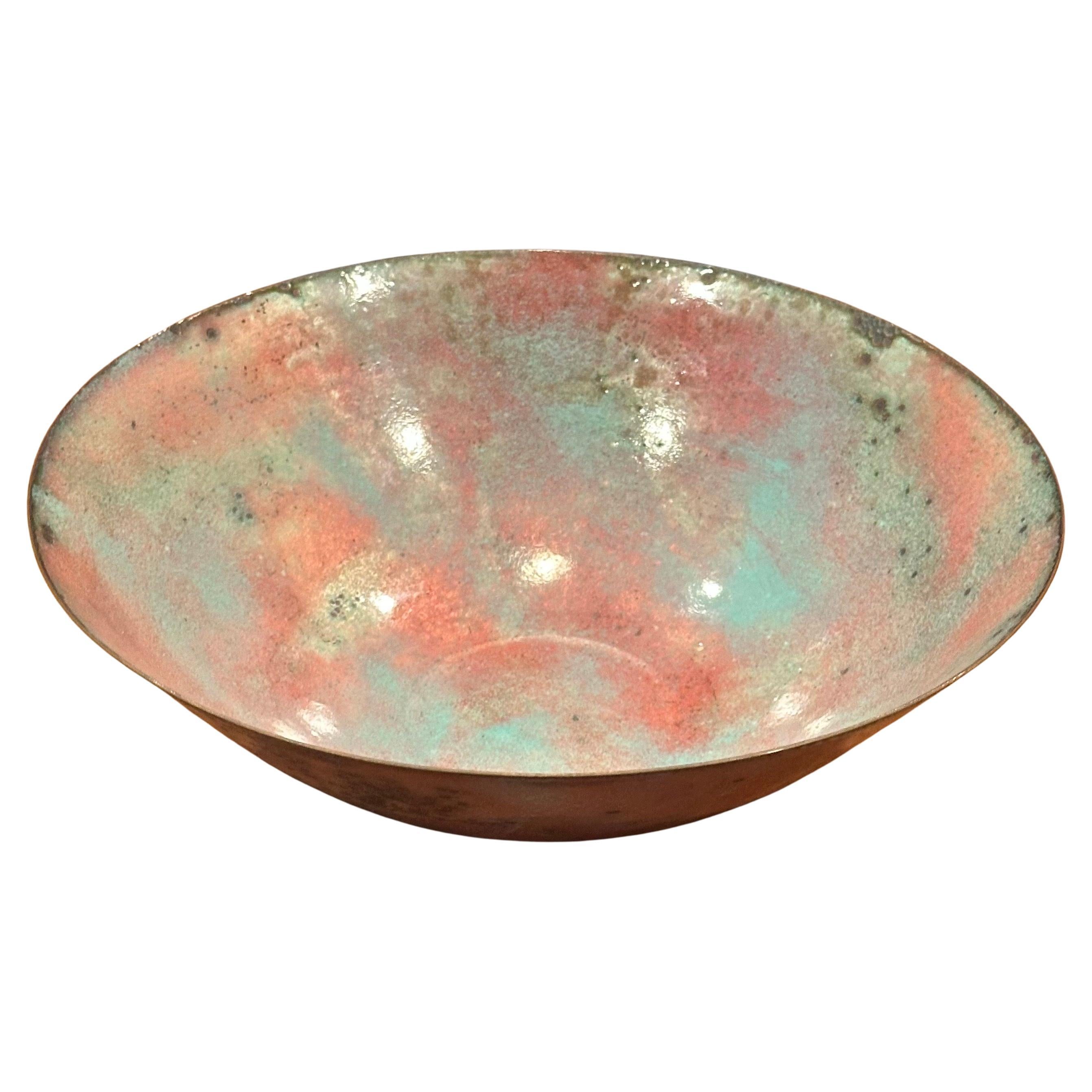 A very nice California design enamel on copper bowl by Barbara Culp, circa 1970s.  Great design and beautiful green, pink and blue colors on this 10
