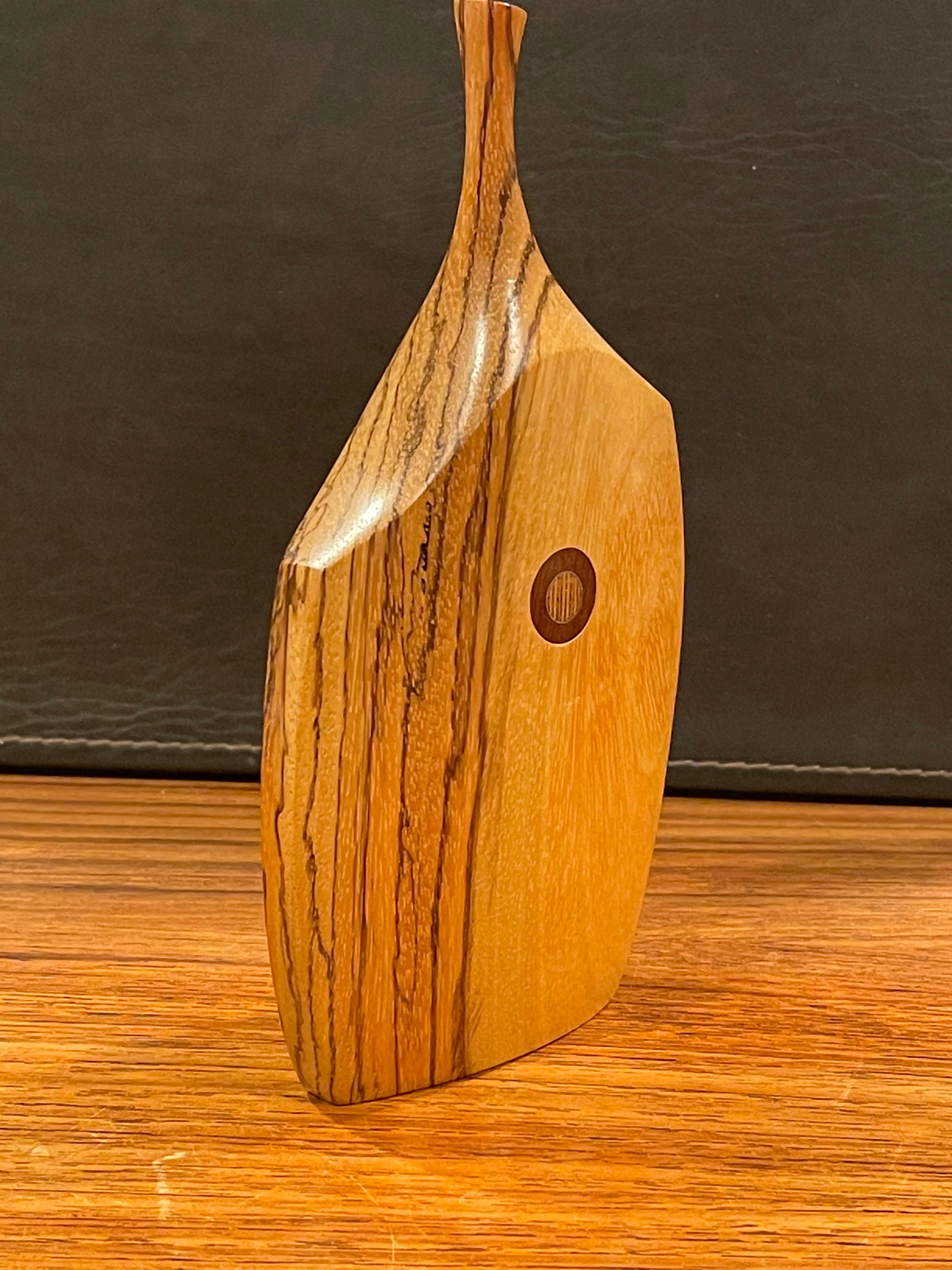American California Design MCM Hand-Carved Inlaid Mixed Wood Vase by Heinz Norhausen For Sale
