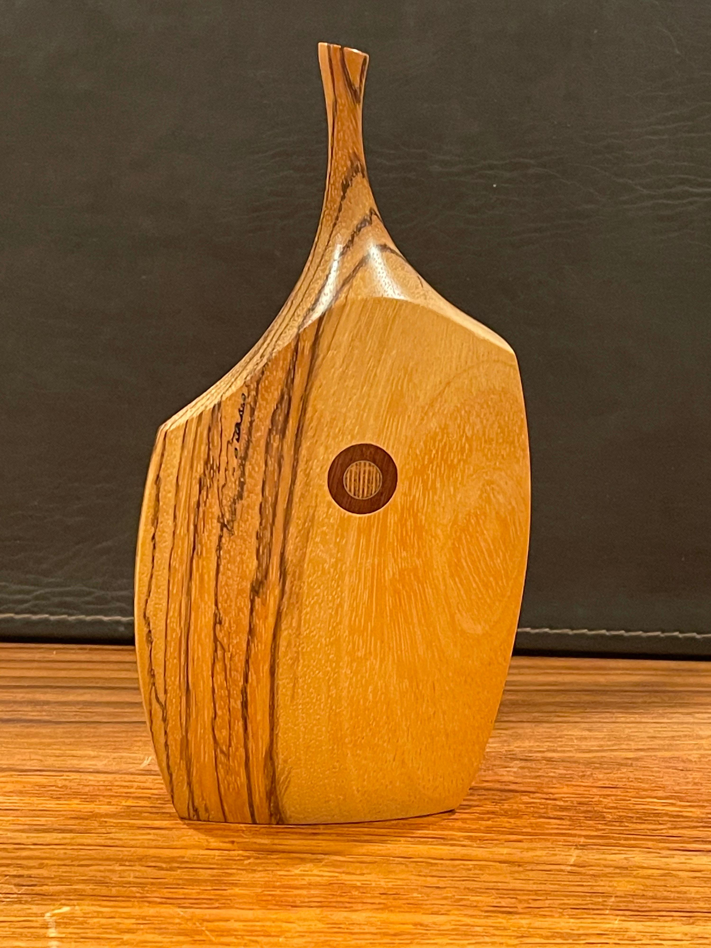 California Design MCM Hand-Carved Inlaid Mixed Wood Vase by Heinz Norhausen In Good Condition For Sale In San Diego, CA