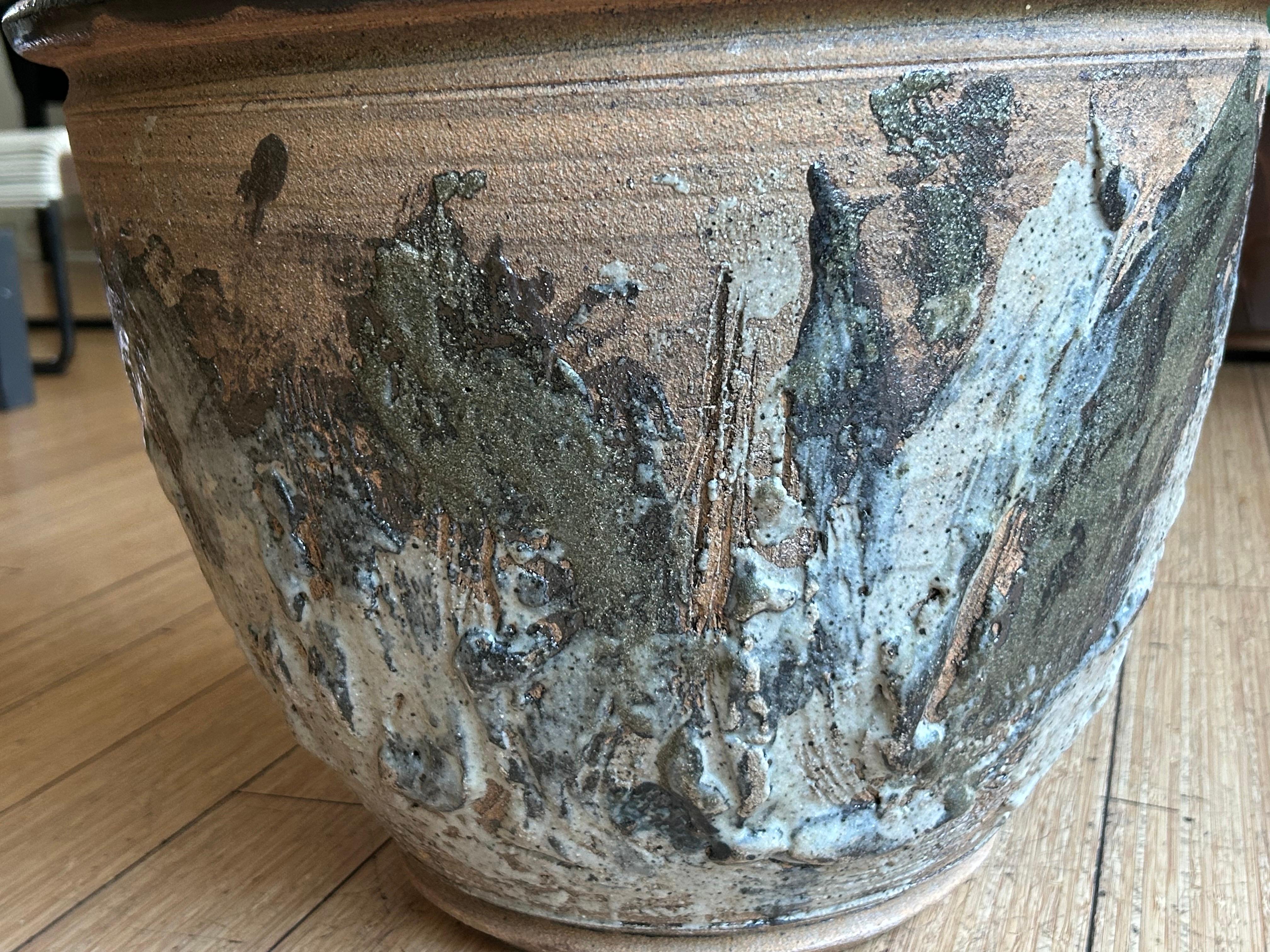 Stoneware California Design Planter with Abstract Expressionist Glaze 1960s For Sale