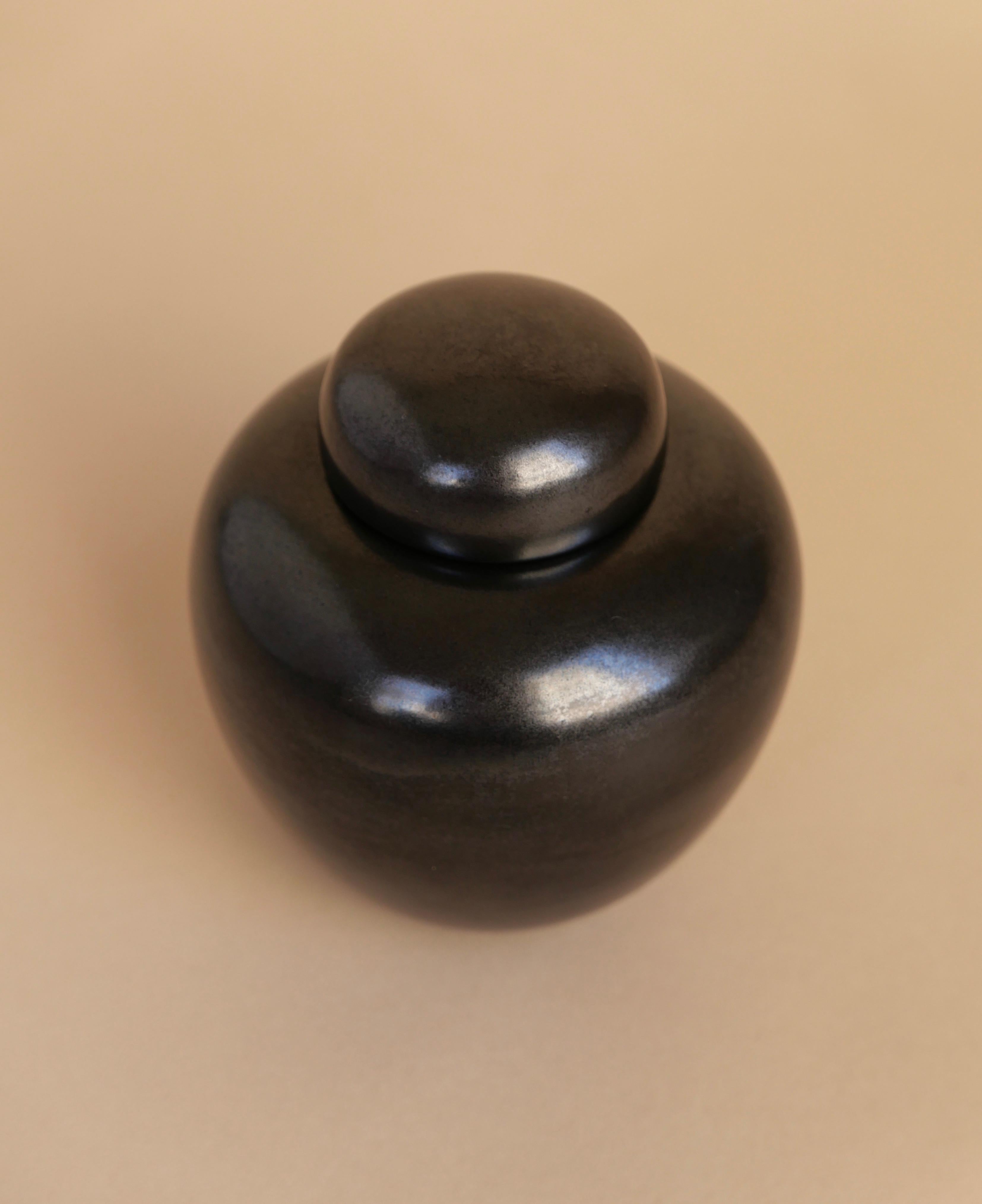 Glazed California Faience, Black Ceramic Lidded Jar, 1930s
