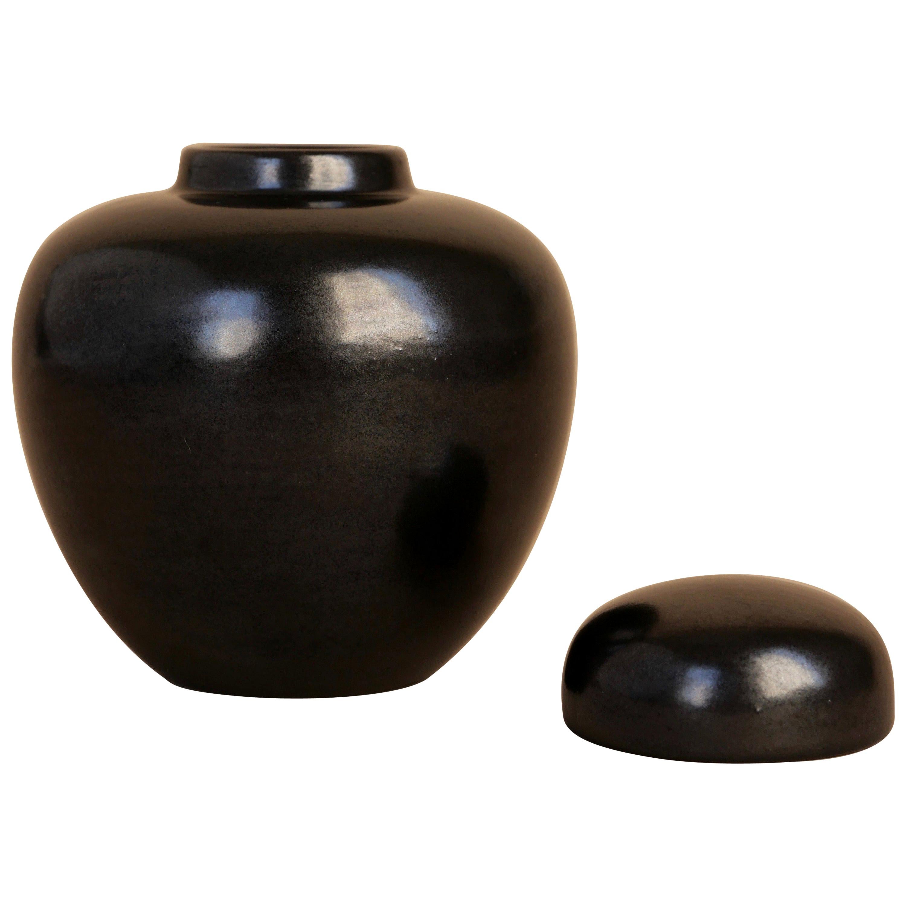 California Faience, Black Ceramic Lidded Jar, 1930s