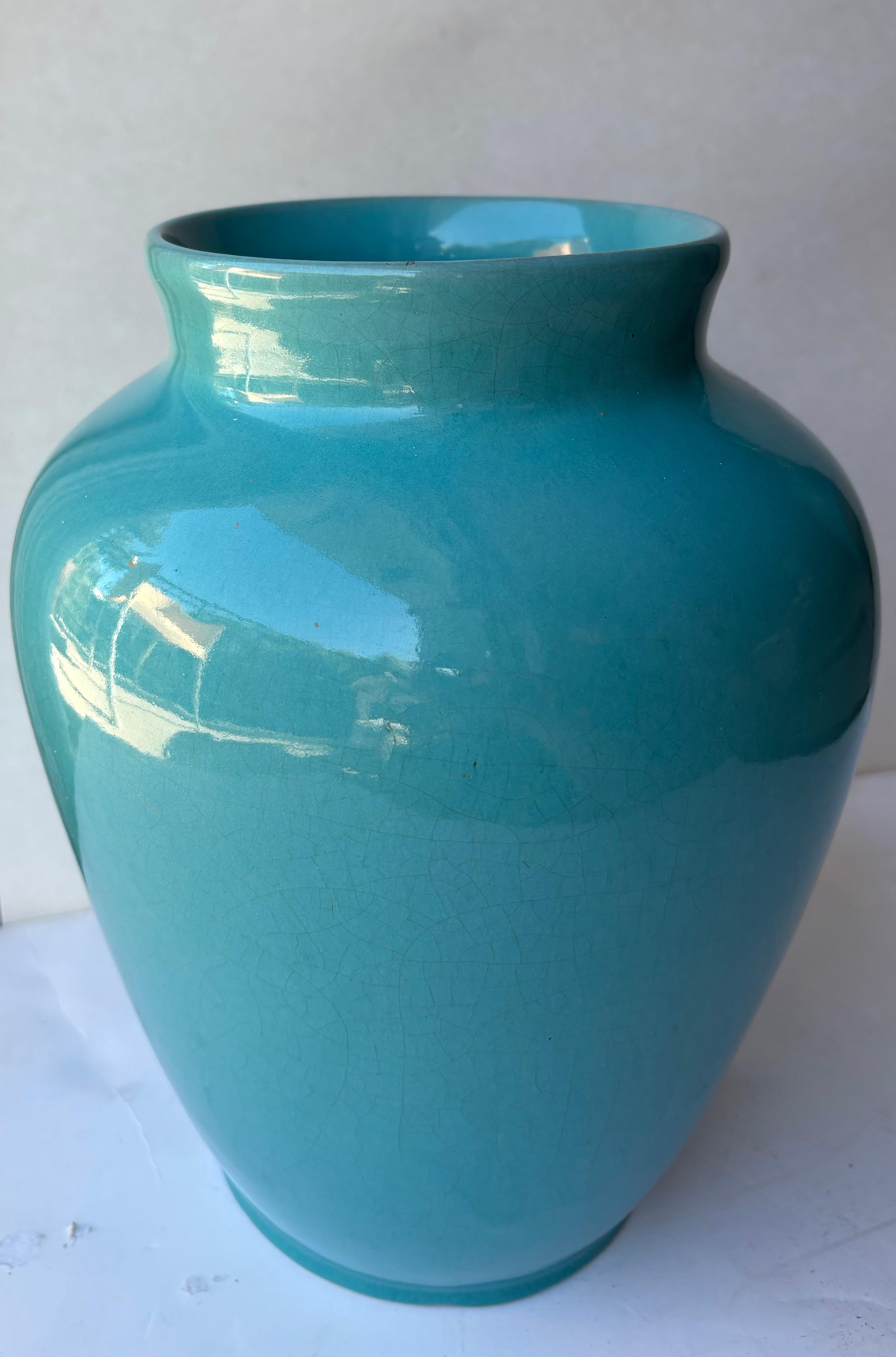 Hand-Crafted California Faience pottery terracotta large blue vase / vessel . For Sale