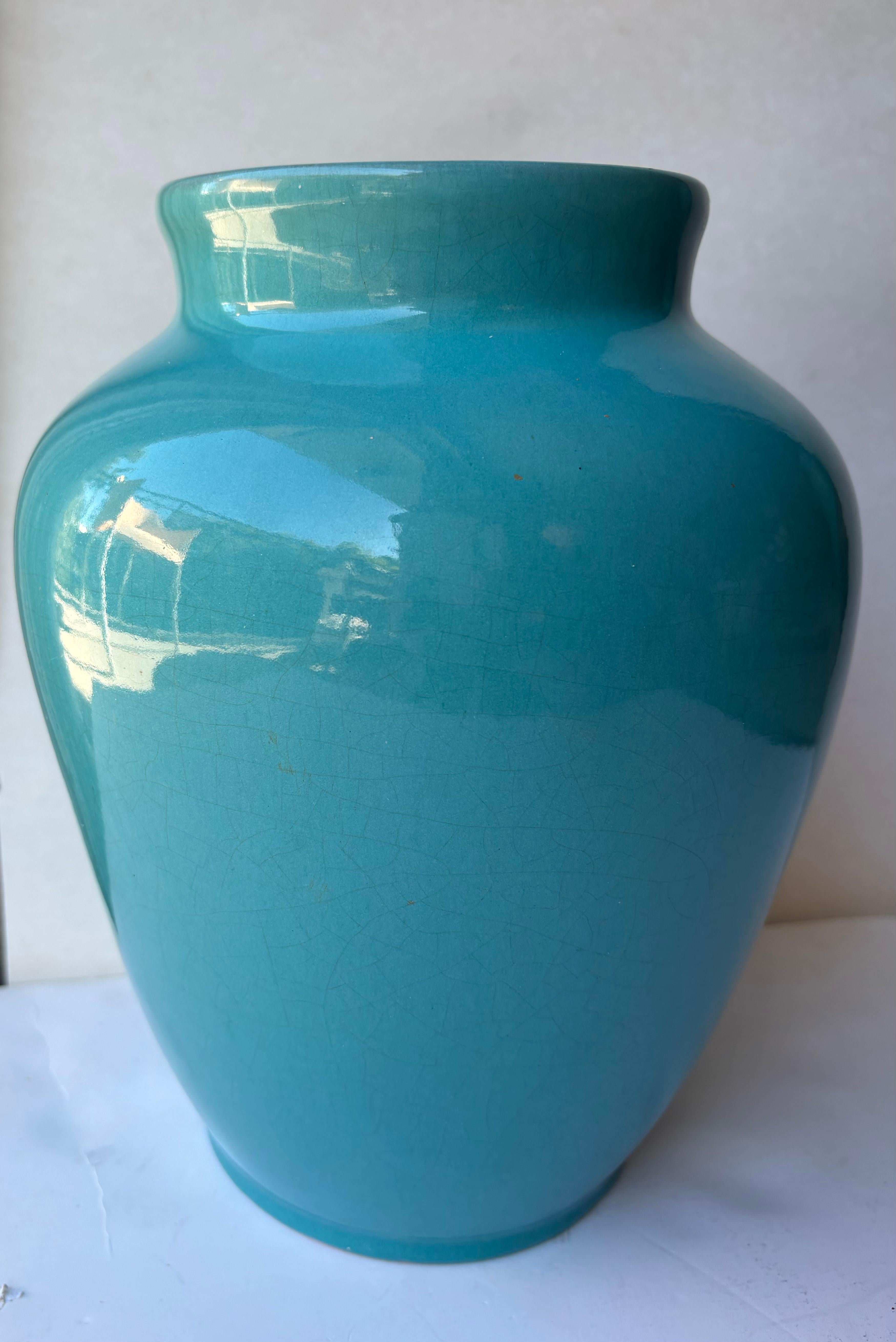 California Faience pottery terracotta large blue vase / vessel . In Good Condition For Sale In Los Angeles, CA