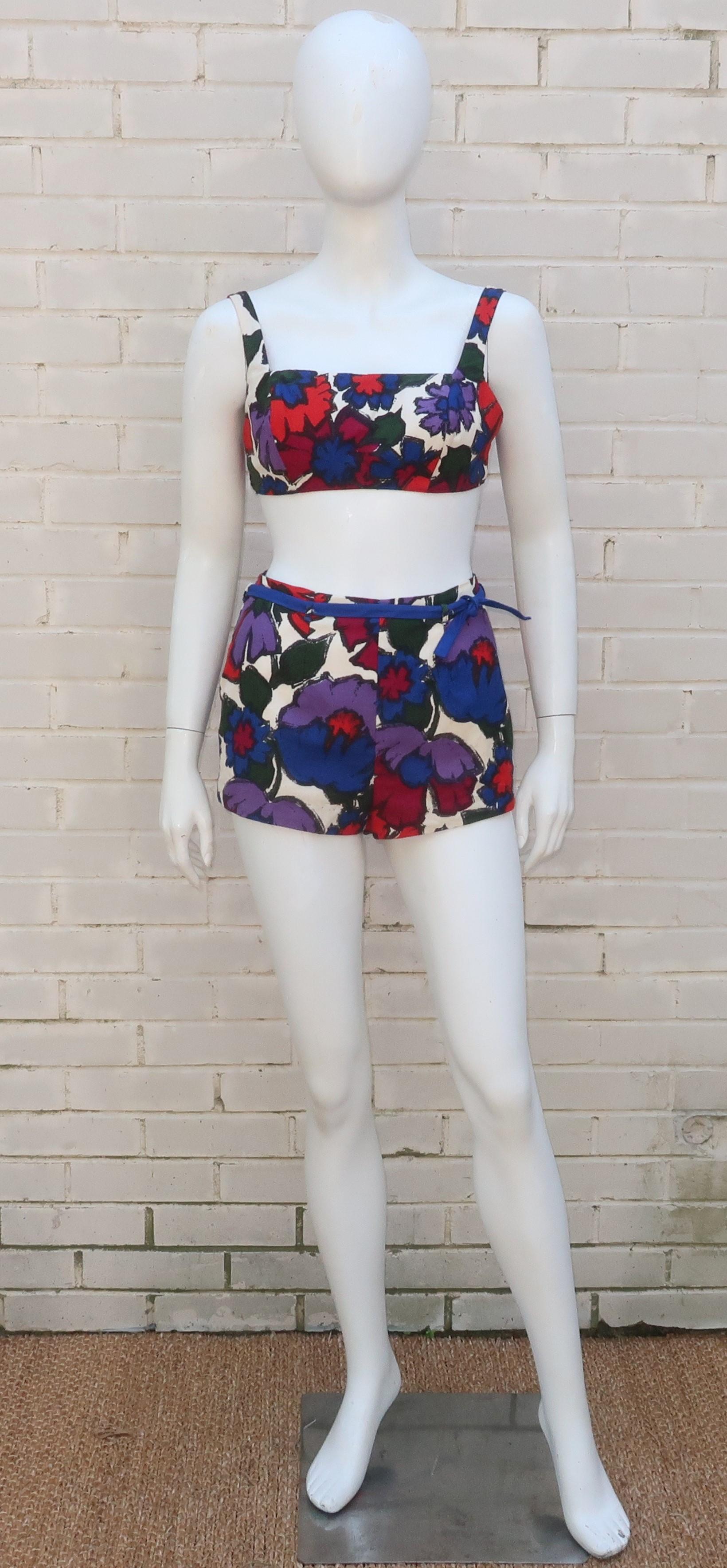 California Floral Cotton Two Piece Bikini Sunsuit Swimsuit, 1960's 7