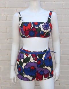 California Floral Cotton Two Piece Bikini Sunsuit Swimsuit, 1960's