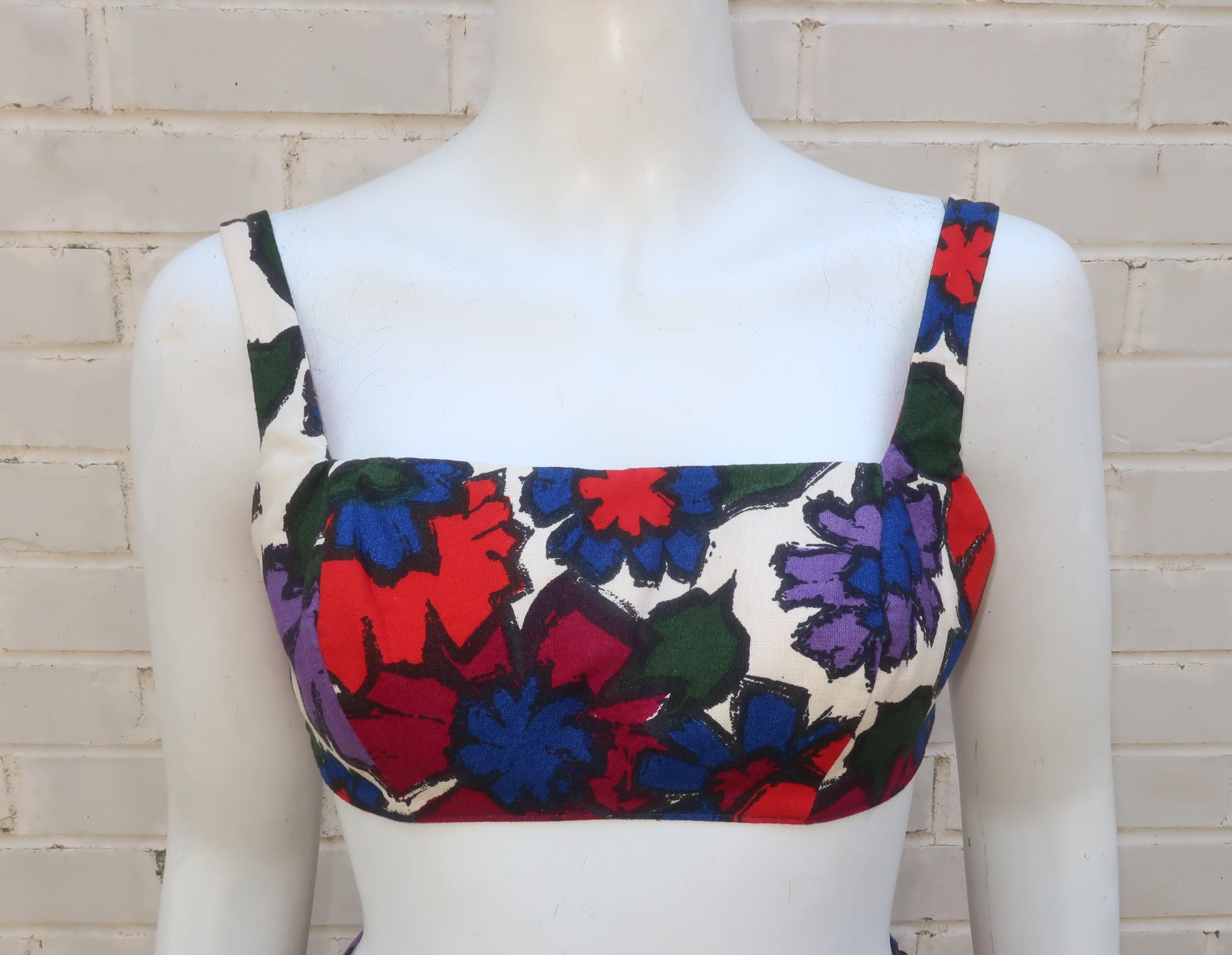 California Floral Cotton Two Piece Bikini Sunsuit Swimsuit, 1960's In Good Condition In Atlanta, GA