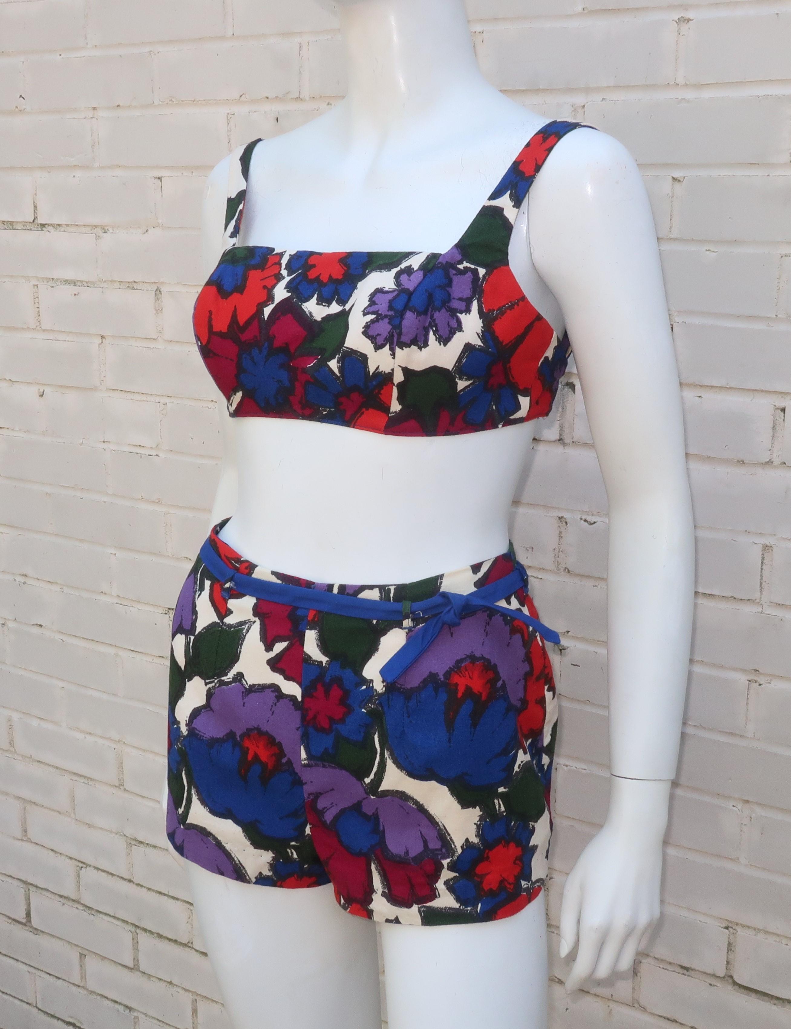 California Floral Cotton Two Piece Bikini Sunsuit Swimsuit, 1960's 2