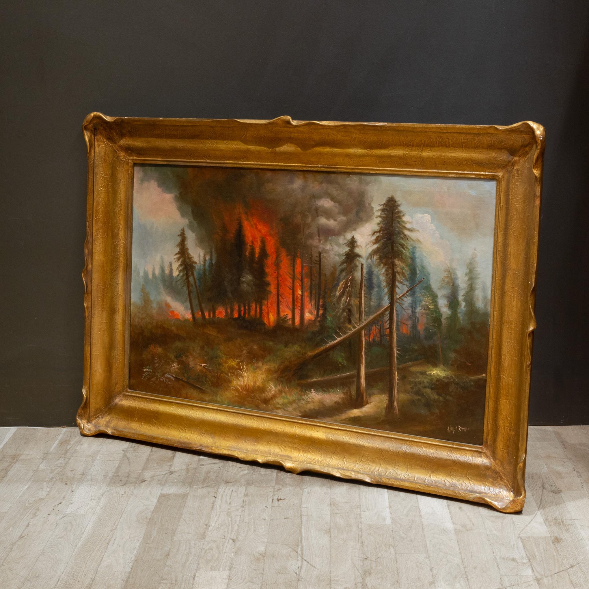 Oiled California Forest Fire, William M. Lemos, Oil on Canvas, Pie Crust Frame 1910