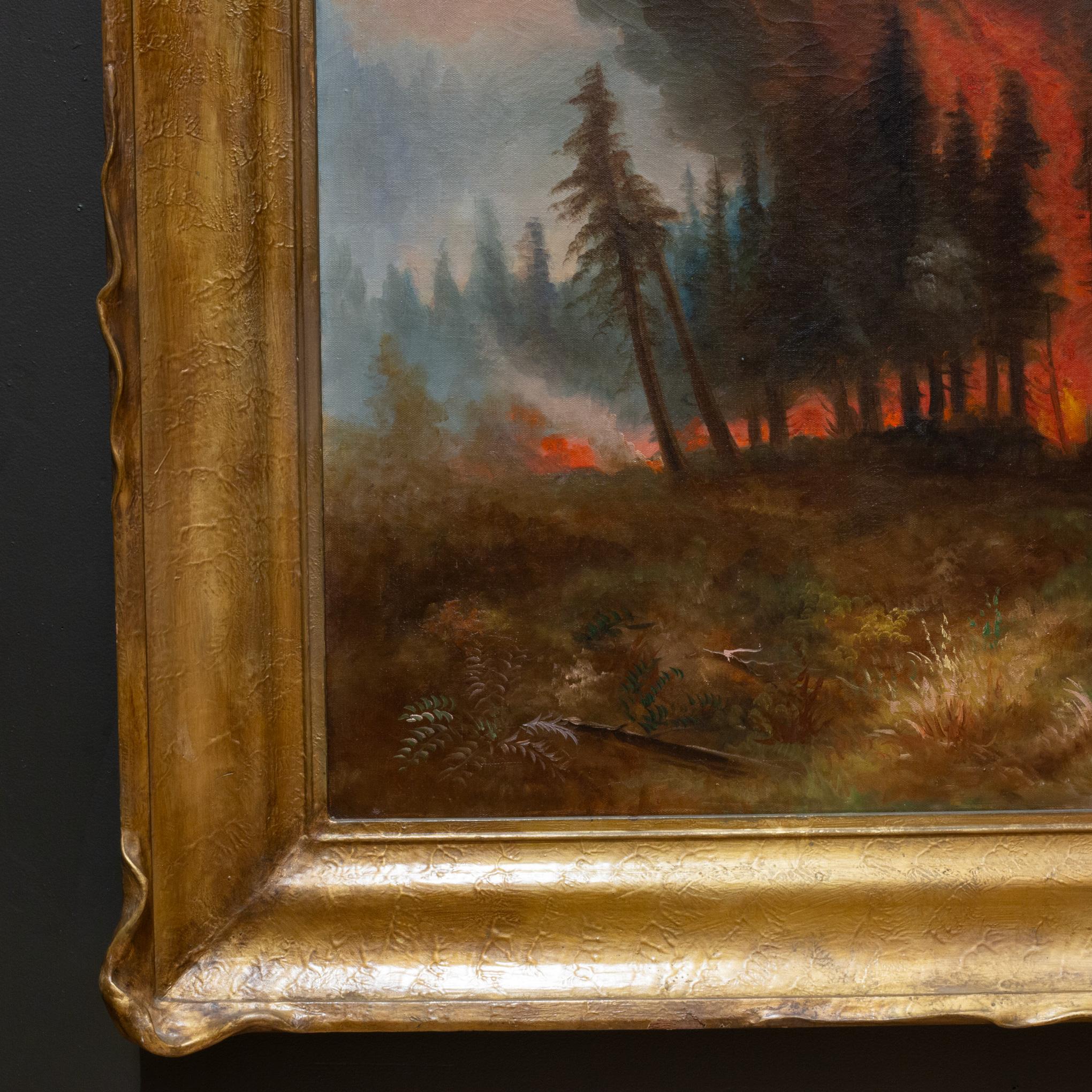 20th Century California Forest Fire, William M. Lemos, Oil on Canvas, Pie Crust Frame 1910