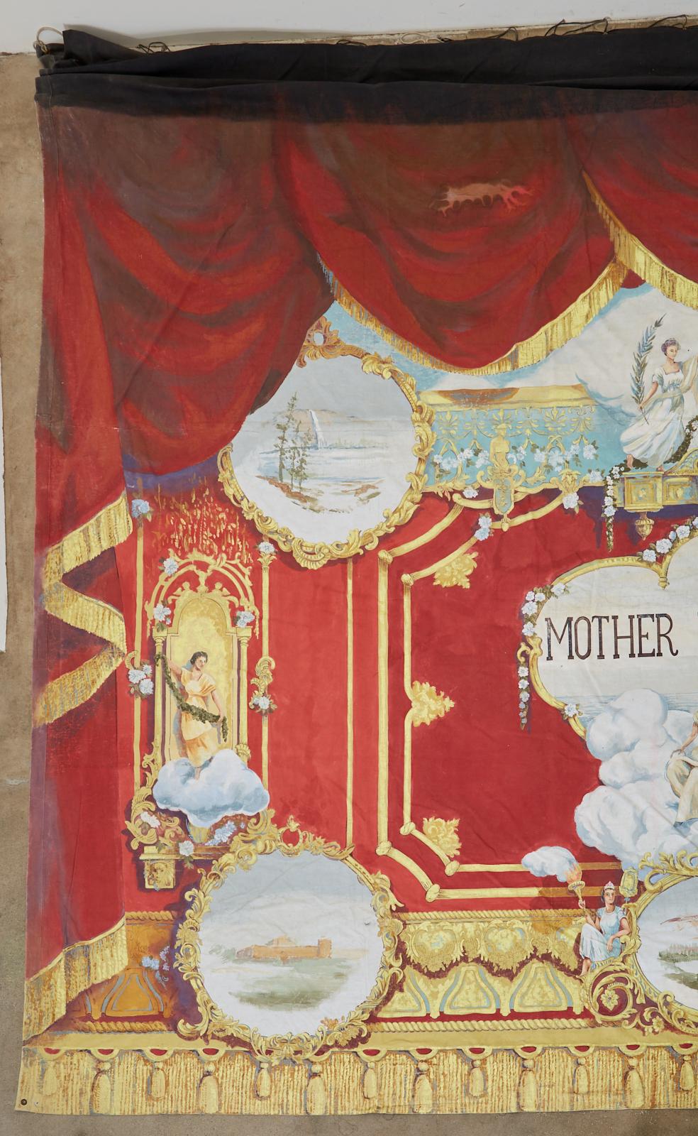 Magnificent early California gold rush mother lode troupe painted stage curtain or backdrop after Charles Christian Nahl (1818-1878) painted by Richard Reynolds after the original. Rich red and gold color accented by cool blues painted on a large