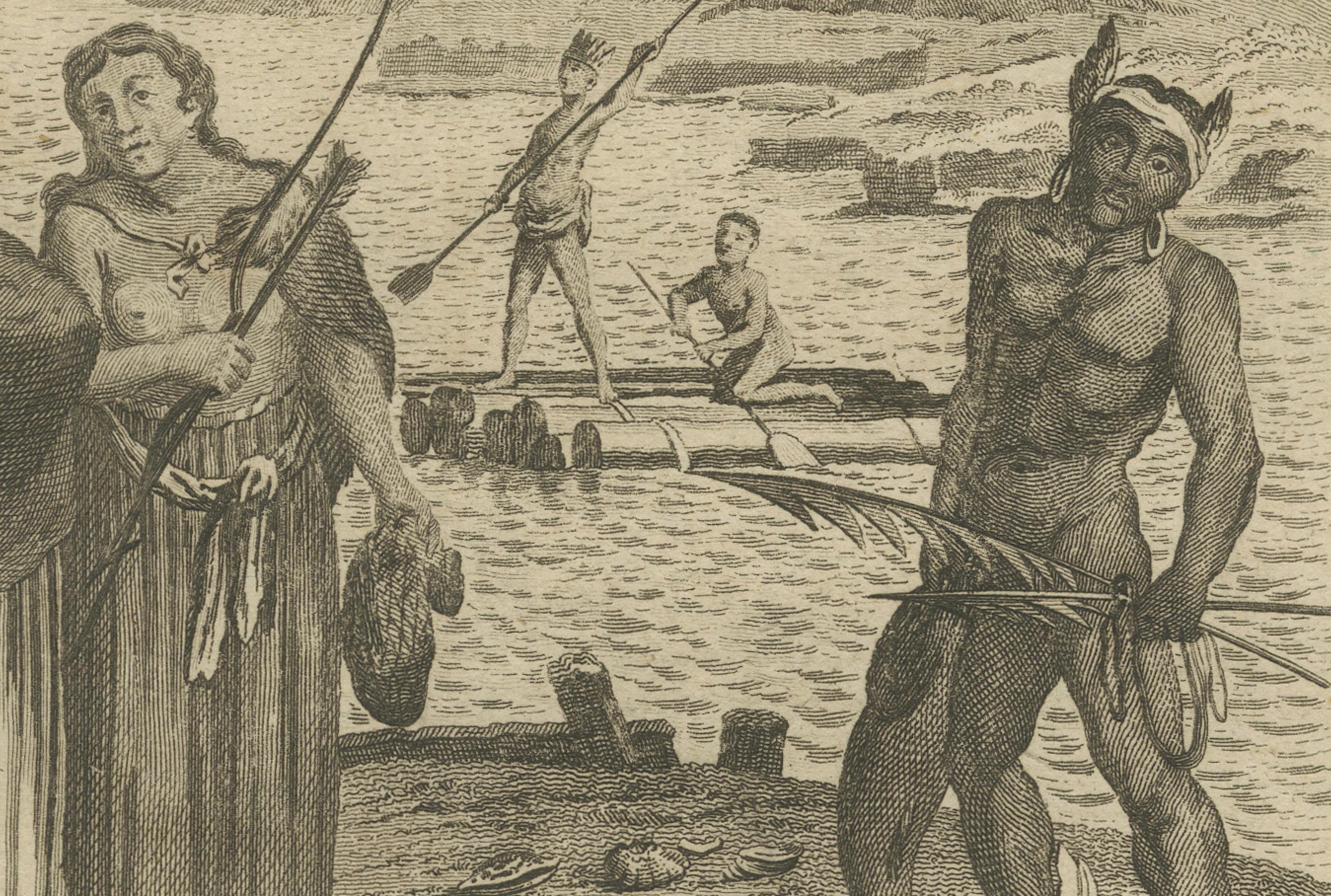California Indigenous Dress & Fishing Rafts – Early Ethnographic Engraving 1754