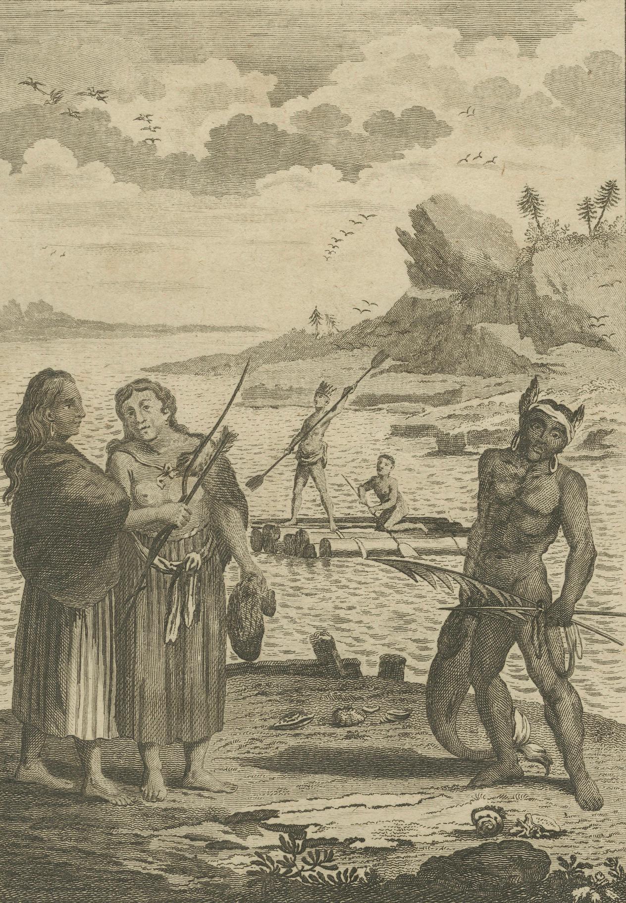 California Indigenous Dress & Fishing Rafts – Early Ethnographic Engraving 1754