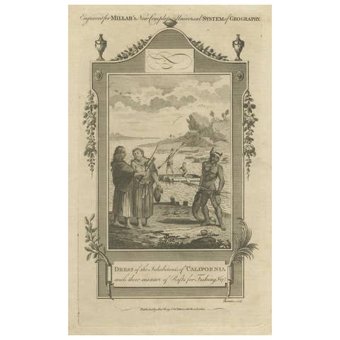 California Indigenous Dress & Fishing Rafts – Early Ethnographic Engraving 1754