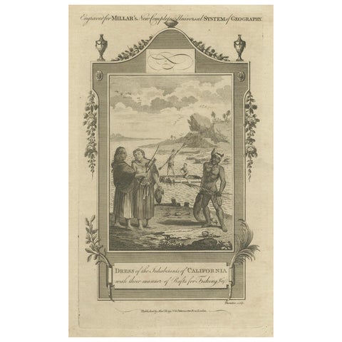 California Indigenous Dress & Fishing Rafts, Early Ethnographic Engraving 1754