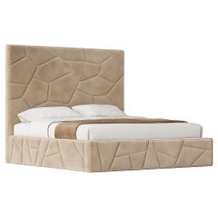 California King Bed Fully Upholstered in Velvet With Geometric Patchwork Design