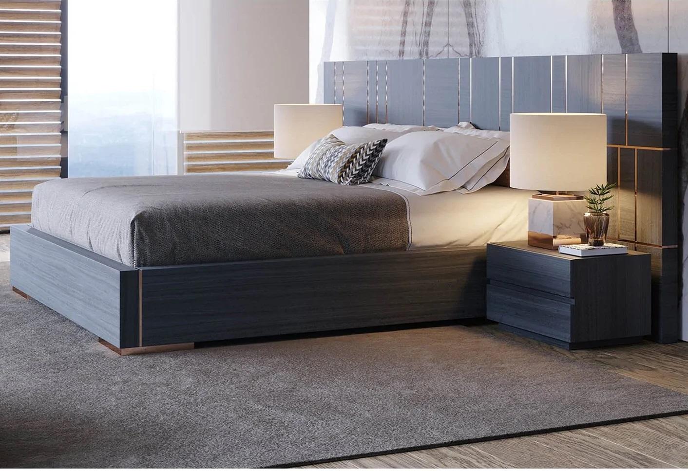 California King Bed with Oversized Headboard in Wood Veneer and Metal