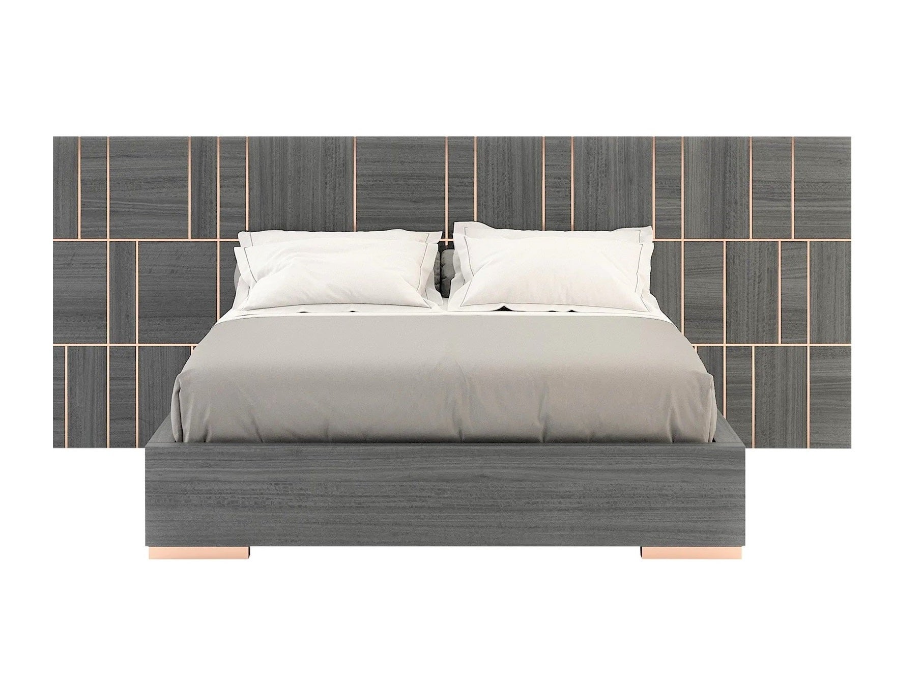 California King Bed with Oversized Headboard in Wood Veneer and Metal