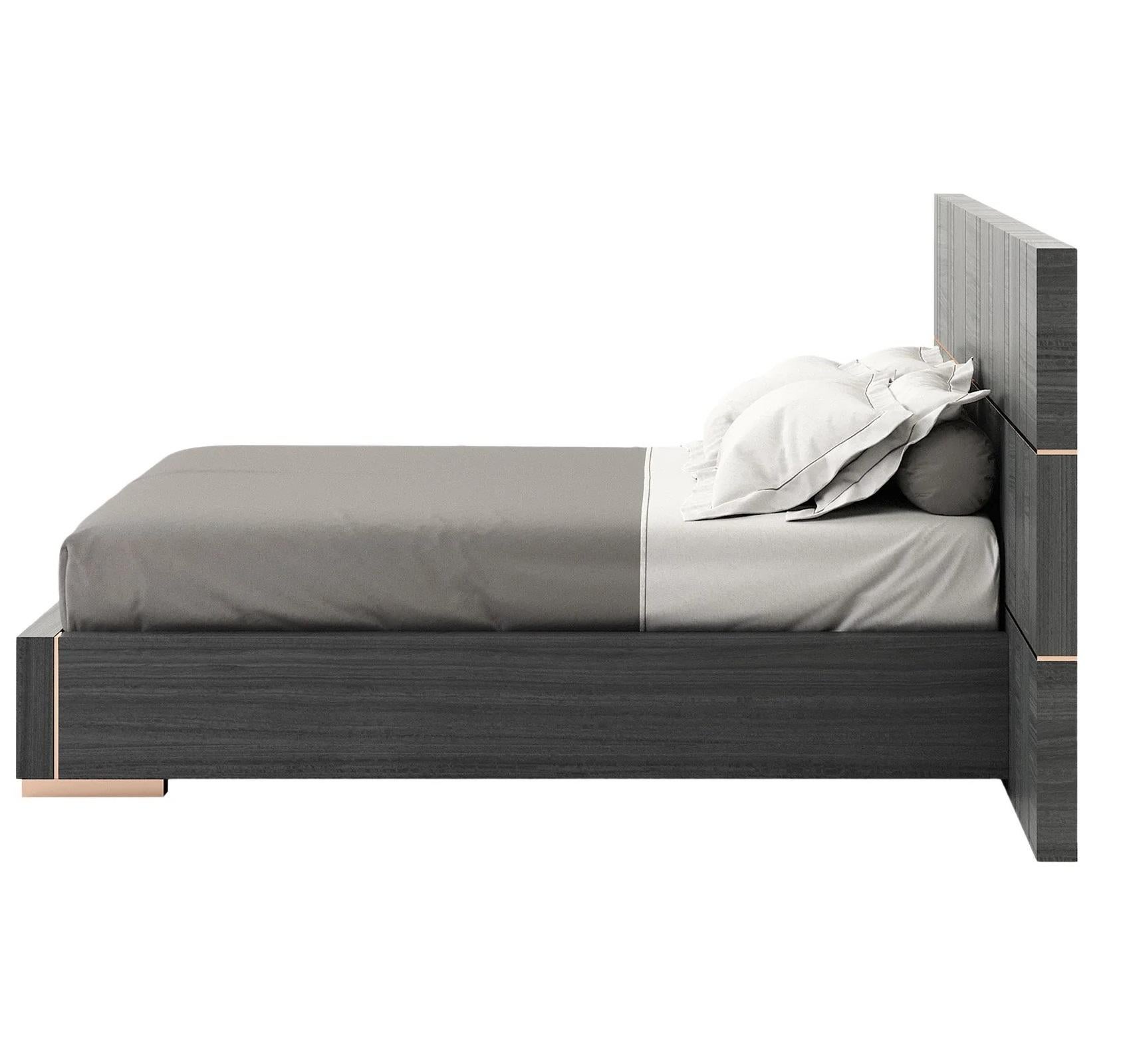 California King Bed with Oversized Headboard in Wood Veneer and Metal