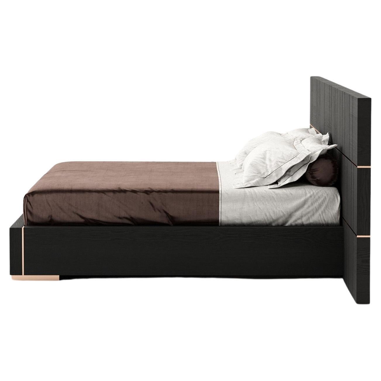California King Bed with Oversized Headboard in Wood Veneer and Metal