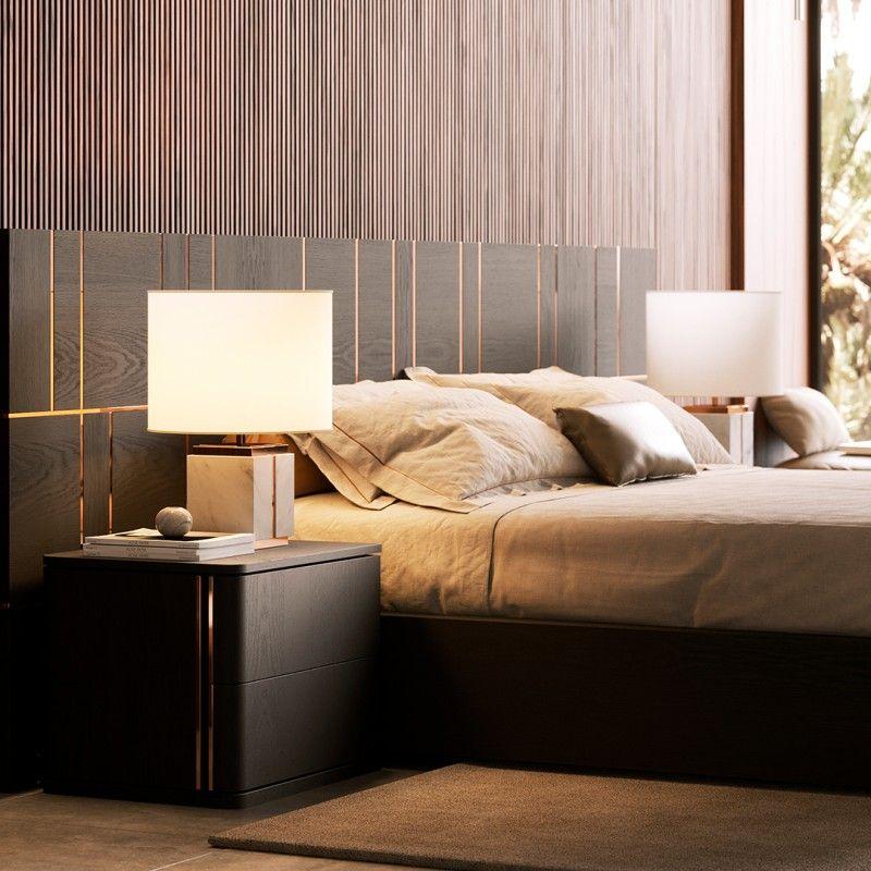 California King Bed with Oversized Headboard in Wood Veneer and Metal