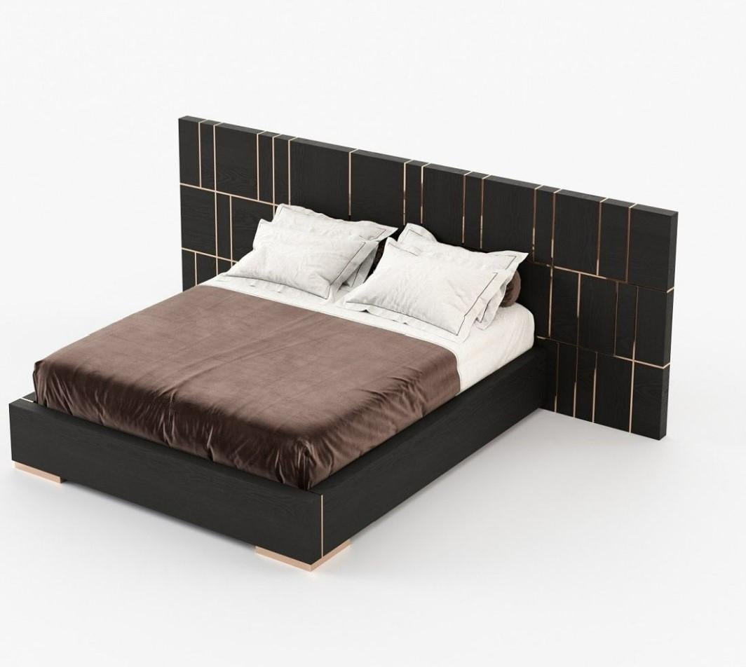 California King Bed with Oversized Headboard in Wood Veneer and Metal